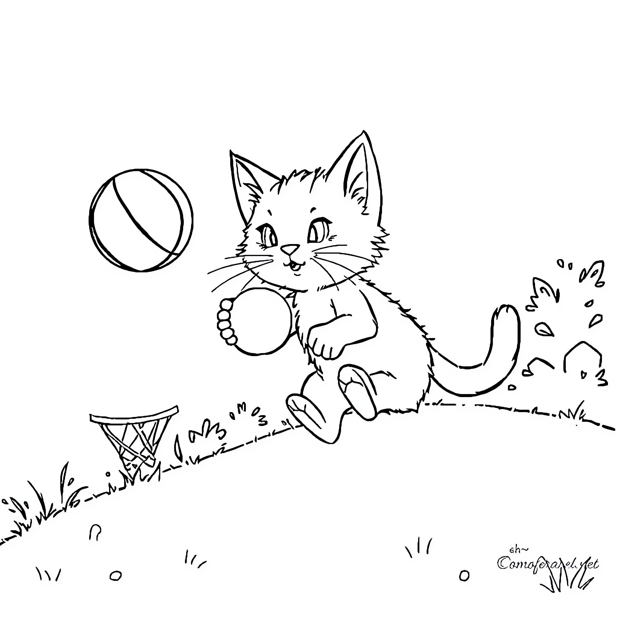 Cat playing with ball on grass Coloring Page (free black-and-white line drawing printable PDF for all, from beginners to advanced learners, including children, teens, adults, and seniors)