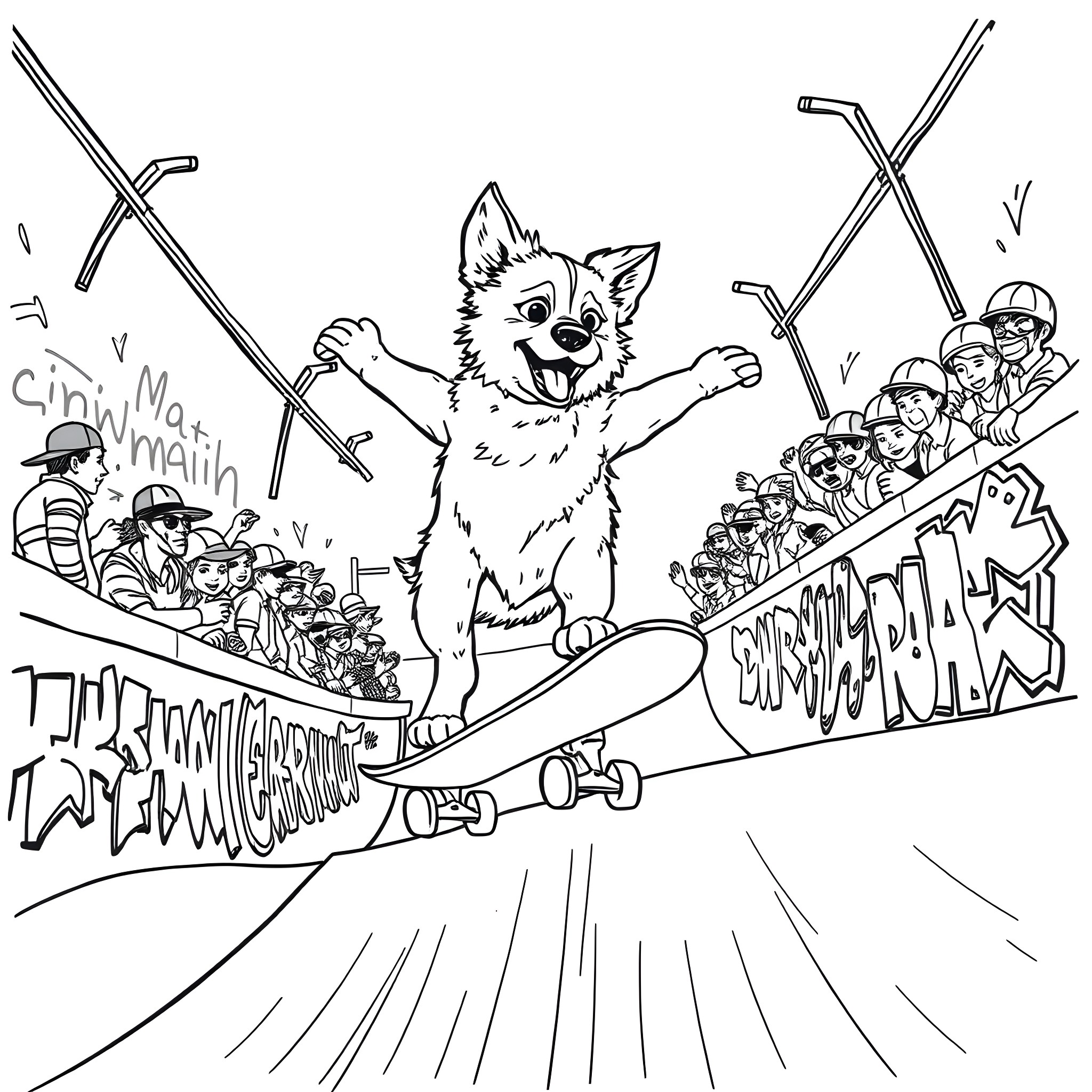 Dog leading a riot with protesters Coloring Page (free black-and-white line drawing printable PDF for all, from beginners to advanced learners, including children, teens, adults, and seniors)