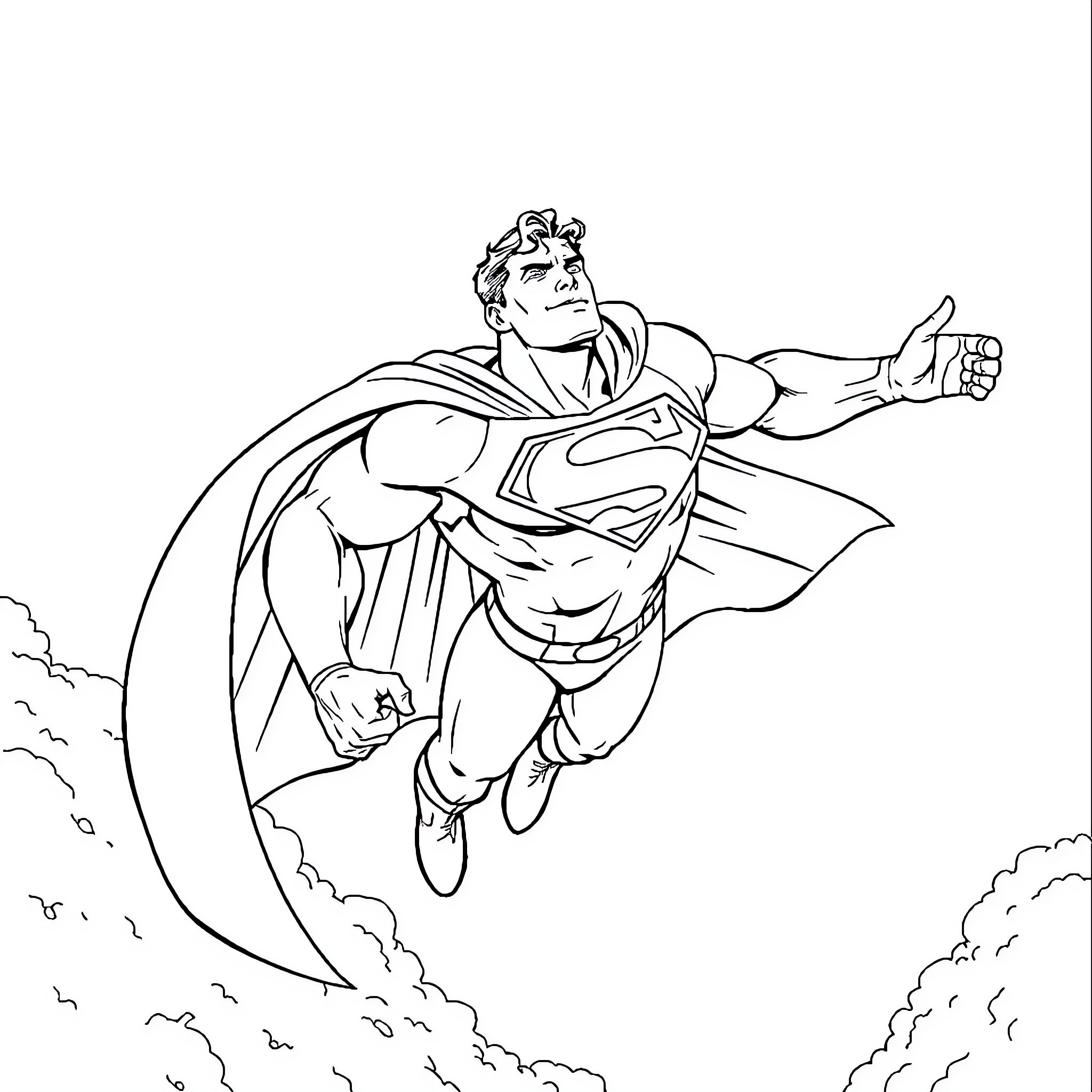 Superman soaring through the sky in action Coloring Page (free black-and-white line drawing printable PDF for all, from beginners to advanced learners, including children, teens, adults, and seniors)