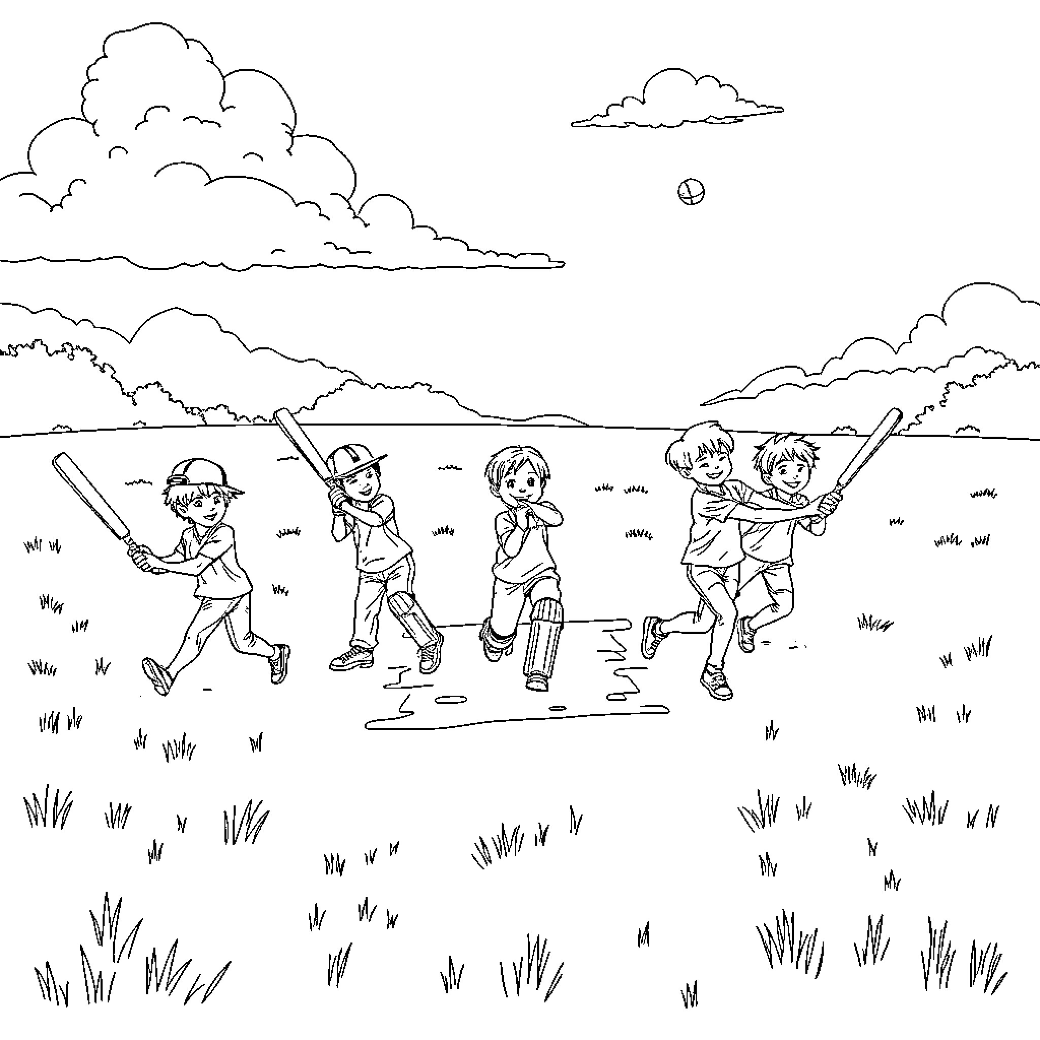 Boy playing cricket with friends in a field Coloring Page (free black-and-white line drawing printable PDF for all, from beginners to advanced learners, including children, teens, adults, and seniors)