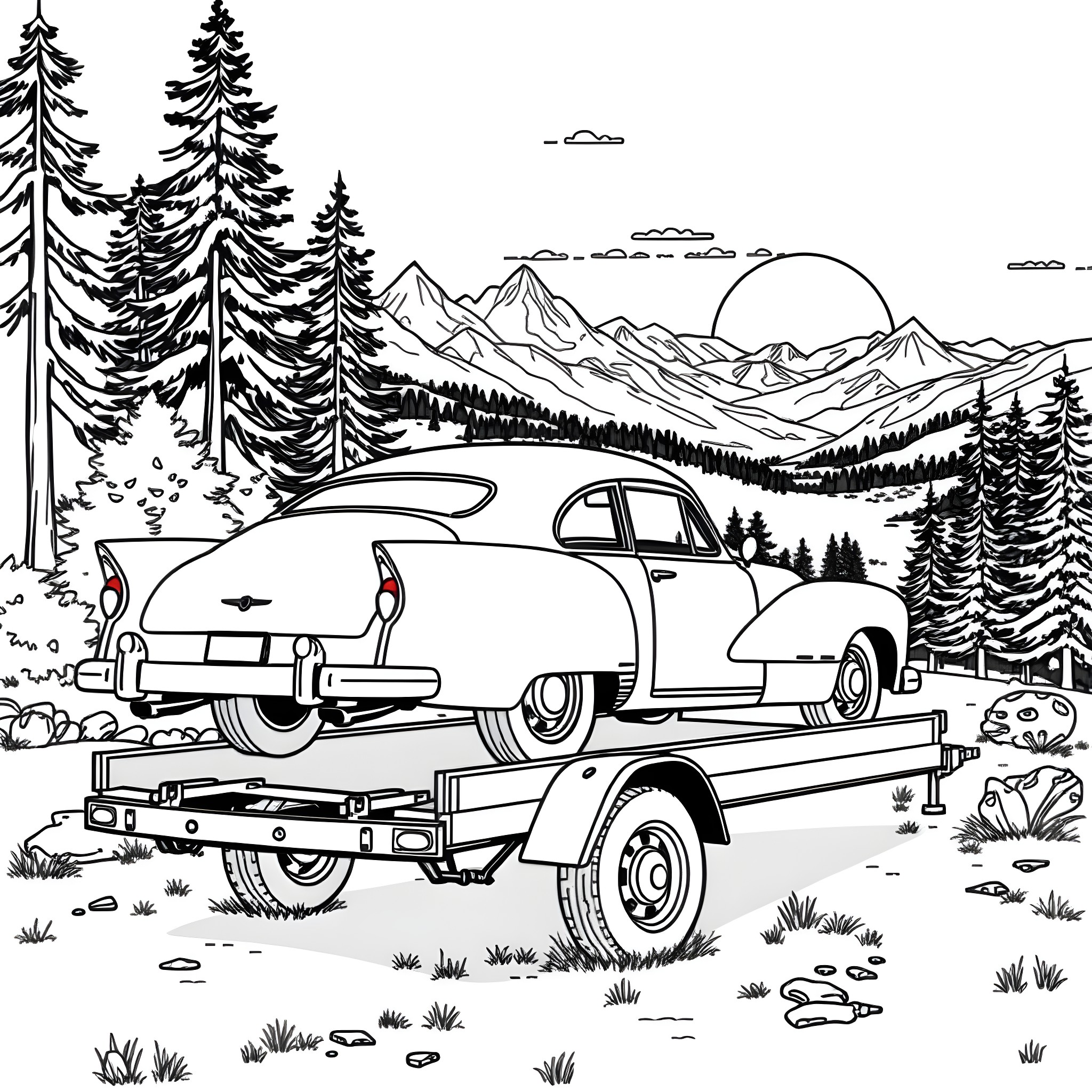 Classic Car Being Transported in Mountain Scenery Coloring Page (free black-and-white line drawing printable PDF for all, from beginners to advanced learners, including children, teens, adults, and seniors)