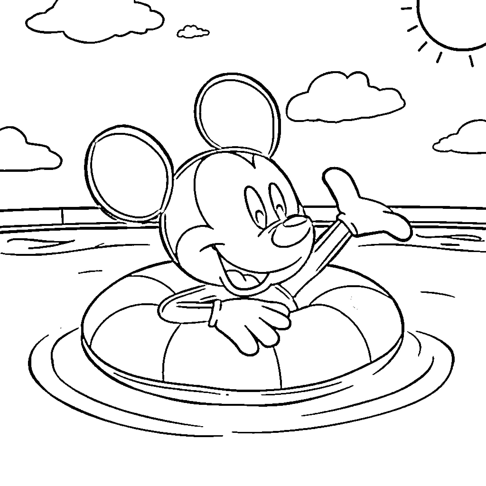 Mickey Mouse relaxing on an inner tube in the sun Coloring Page (free black-and-white line drawing printable PDF for all, from beginners to advanced learners, including children, teens, adults, and seniors)