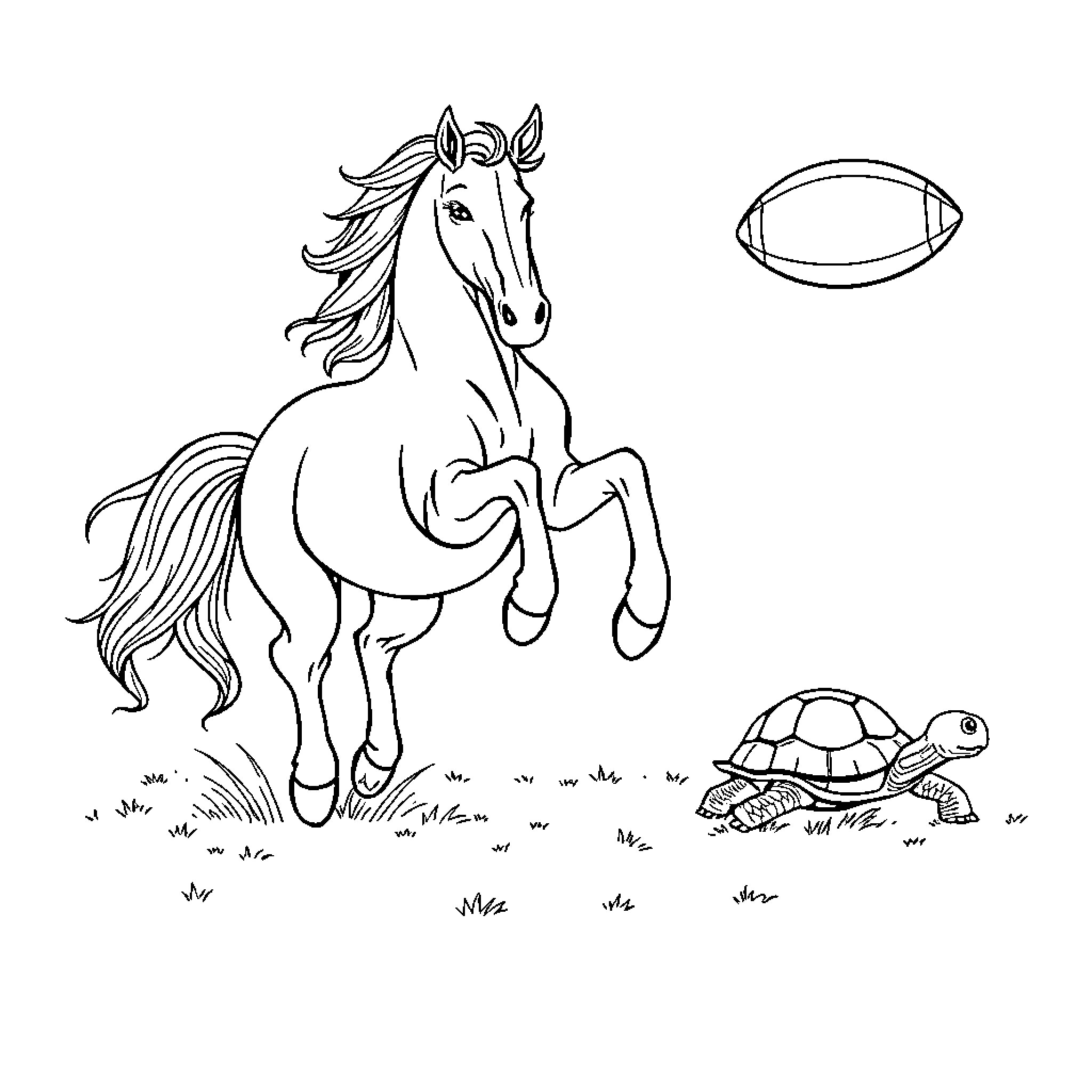 Horse Running and Turtle in Pastoral Scene Coloring Page (free black-and-white line drawing printable PDF for all, from beginners to advanced learners, including children, teens, adults, and seniors)