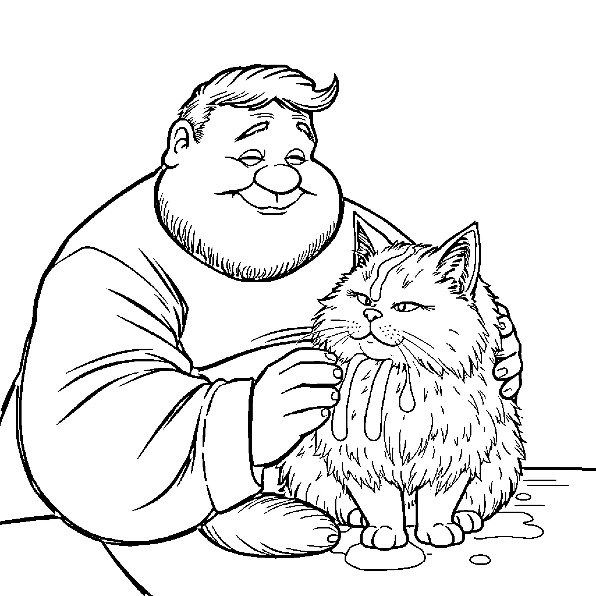 Cat being petted by a kind-looking man Coloring Page (free black-and-white line drawing printable PDF for all, from beginners to advanced learners, including children, teens, adults, and seniors)