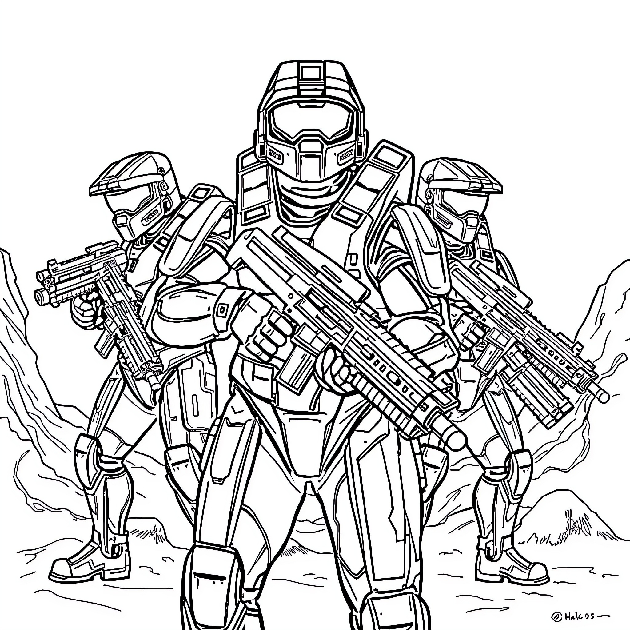 ODCT Armored Troopers Storming the Battlefield Coloring Page (free black-and-white line drawing printable PDF for all, from beginners to advanced learners, including children, teens, adults, and seniors)