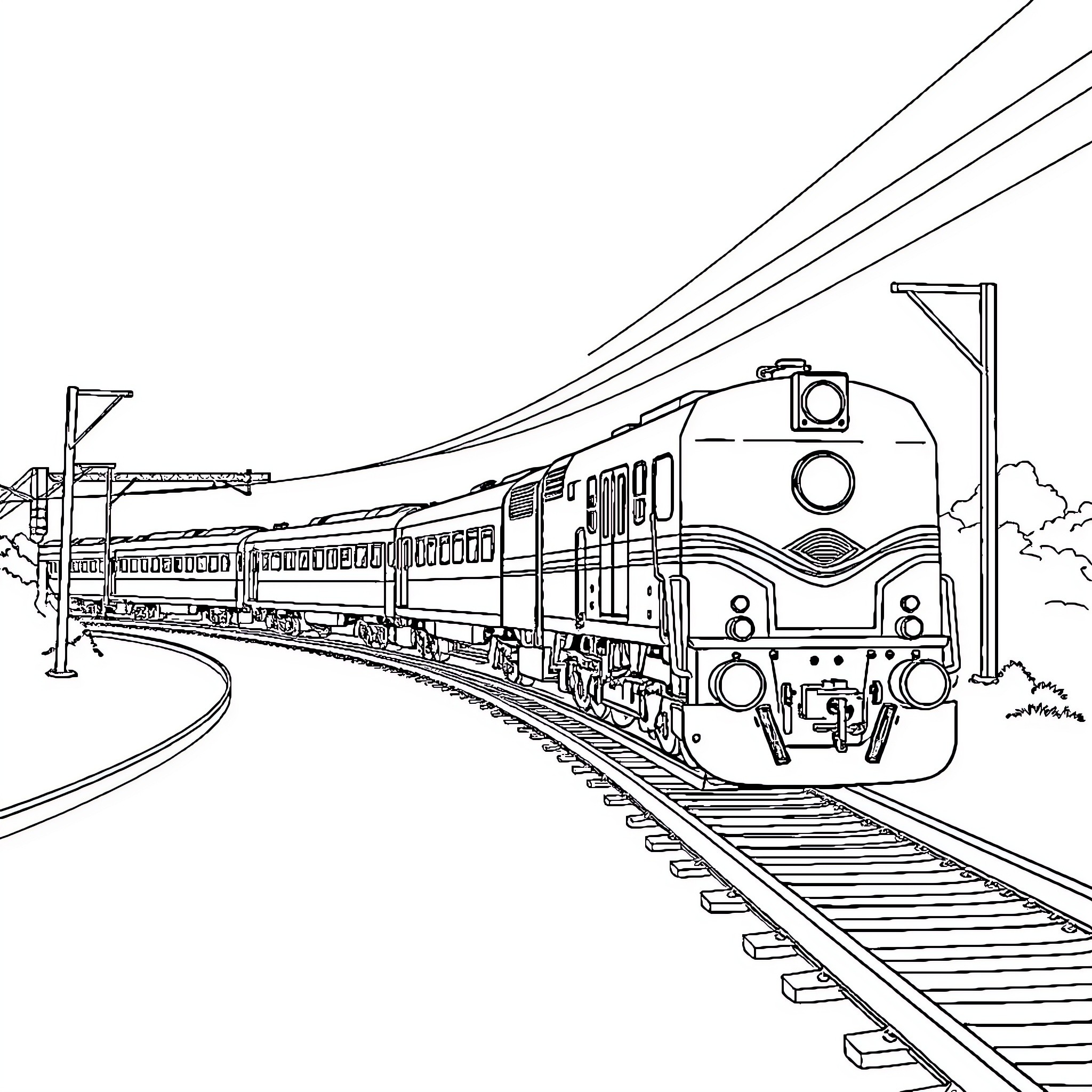 Train traveling swiftly on the railway tracks Coloring Page (free black-and-white line drawing printable PDF for all, from beginners to advanced learners, including children, teens, adults, and seniors)