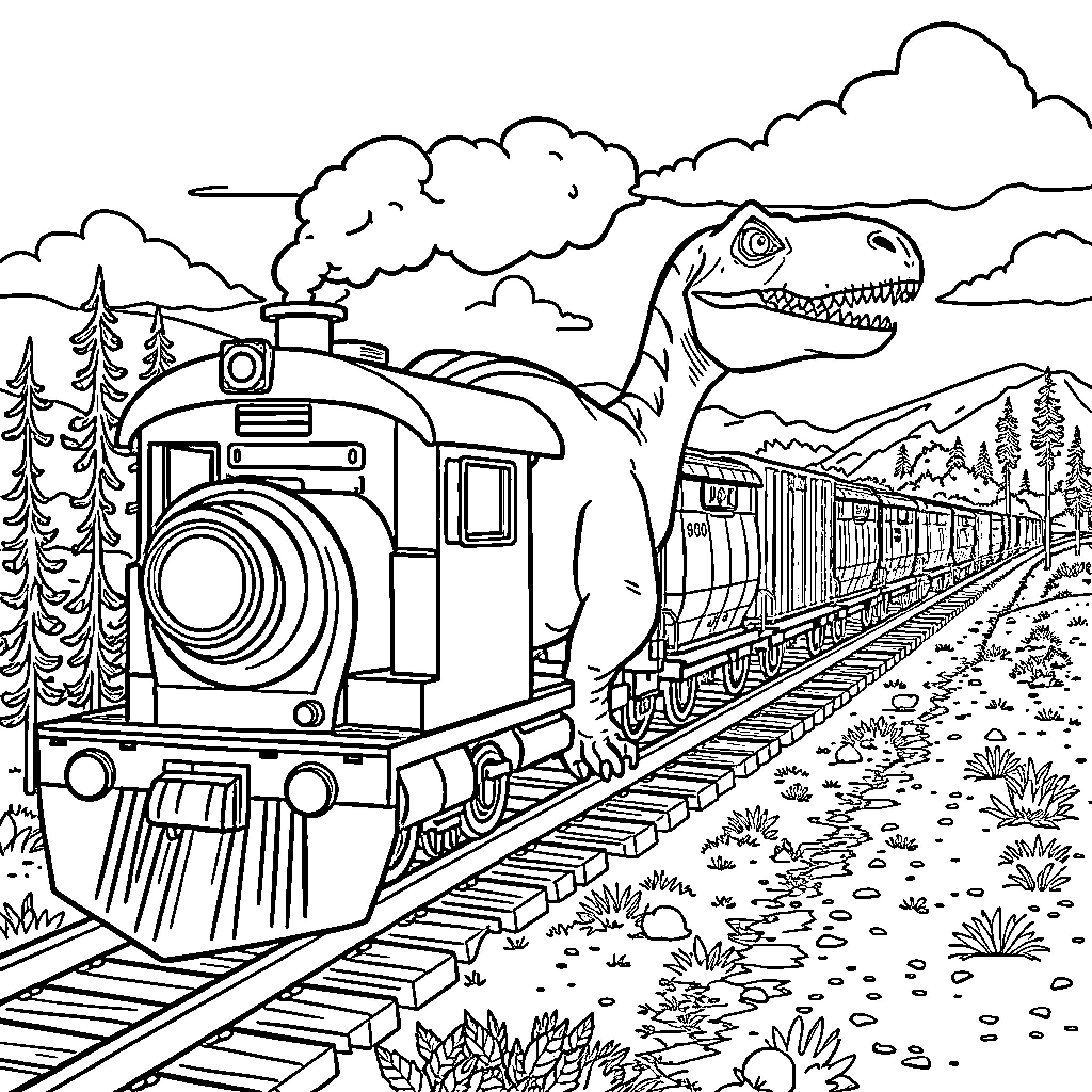 Dinosaur riding a steam train through the countryside Coloring Page (free black-and-white line drawing printable PDF for all, from beginners to advanced learners, including children, teens, adults, and seniors)