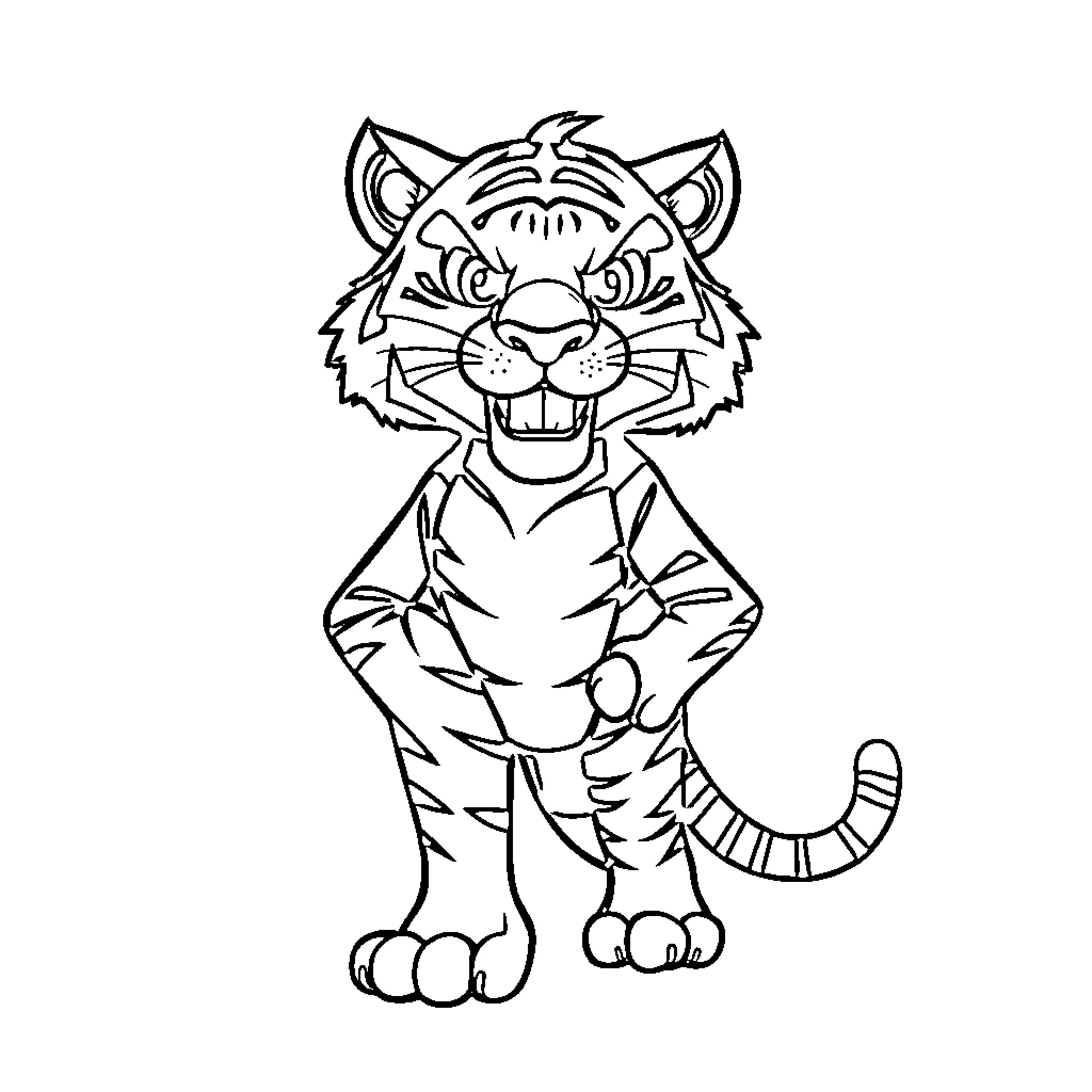 Tiger Smiling Joyfully in Cartoon Outfit Coloring Page (free black-and-white line drawing printable PDF for all, from beginners to advanced learners, including children, teens, adults, and seniors)