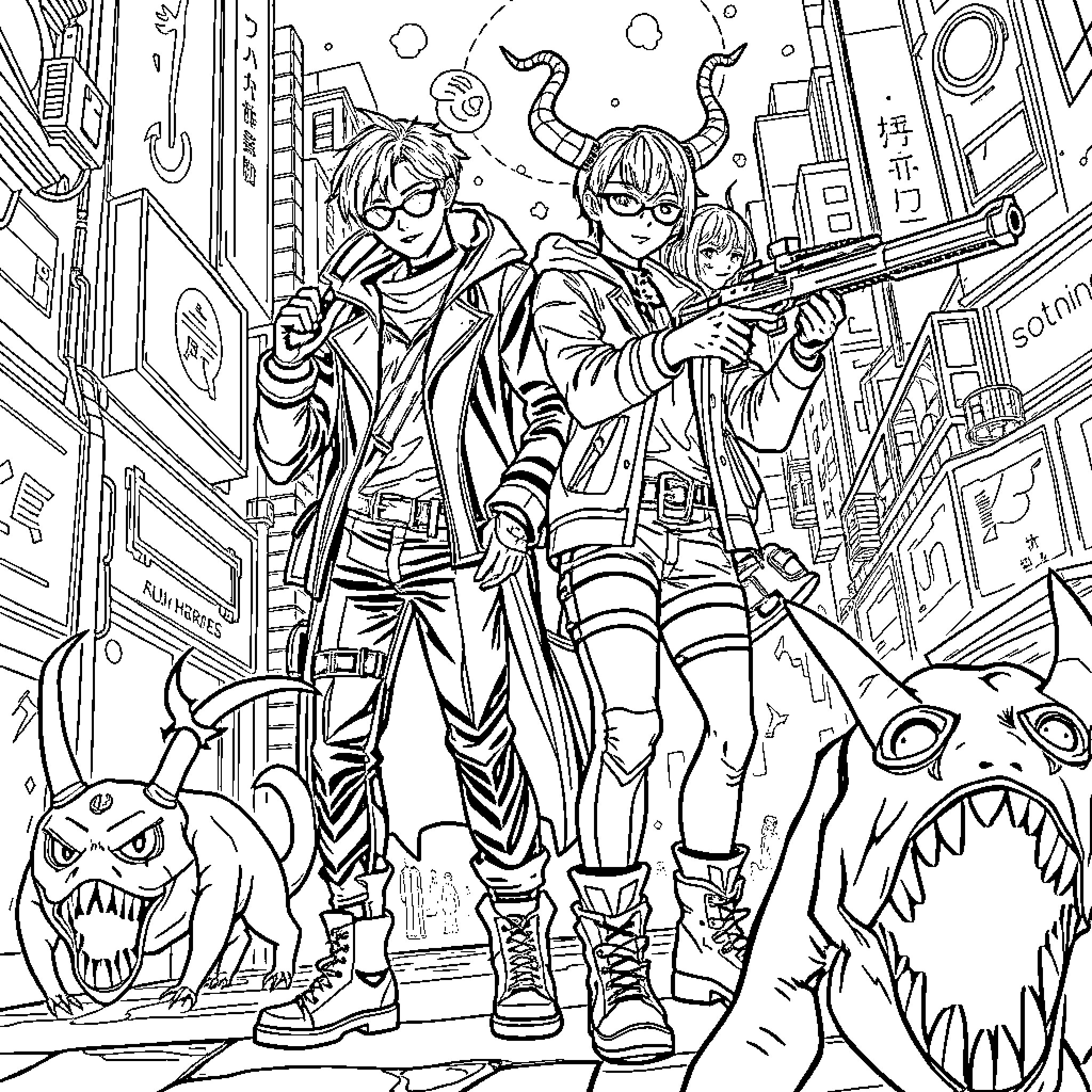Demon Hunters Battling Fierce Monsters in the City Coloring Page (free black-and-white line drawing printable PDF for all, from beginners to advanced learners, including children, teens, adults, and seniors)