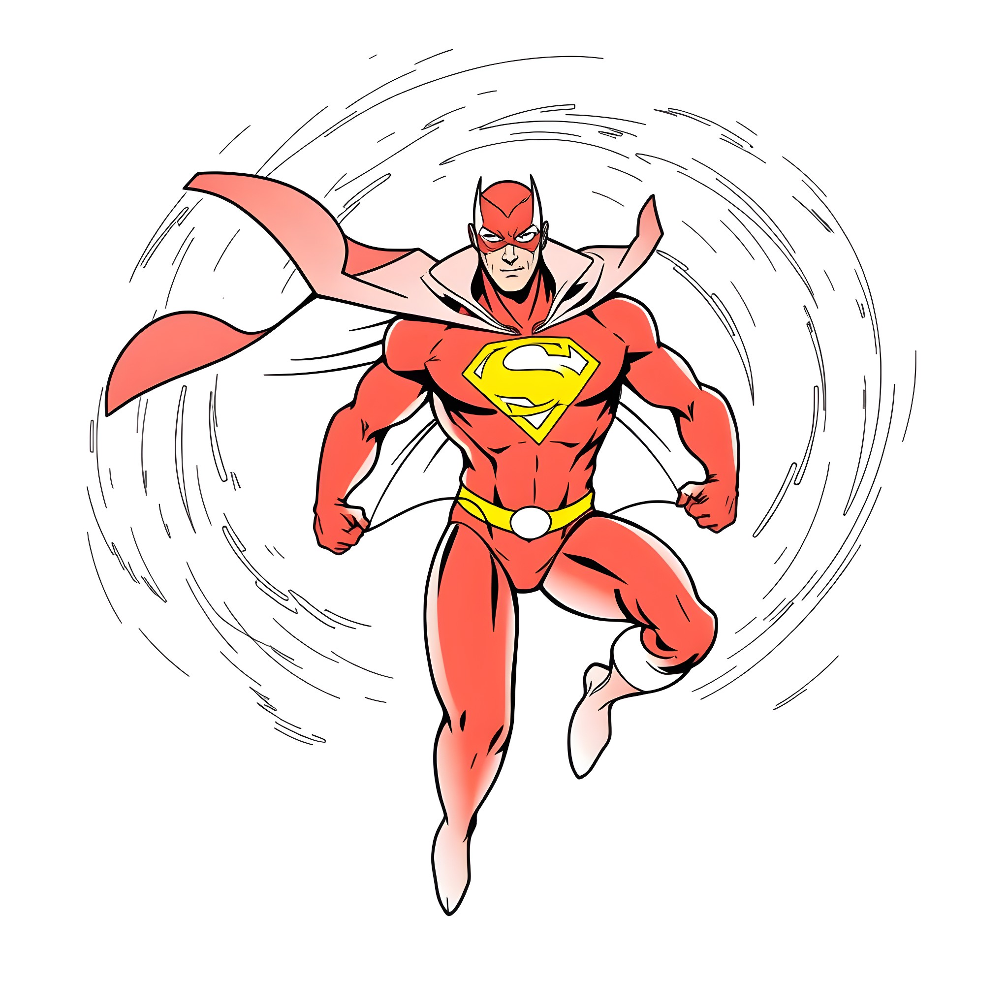 Red Tornado superhero in action pose Coloring Page (free black-and-white line drawing printable PDF for all, from beginners to advanced learners, including children, teens, adults, and seniors)