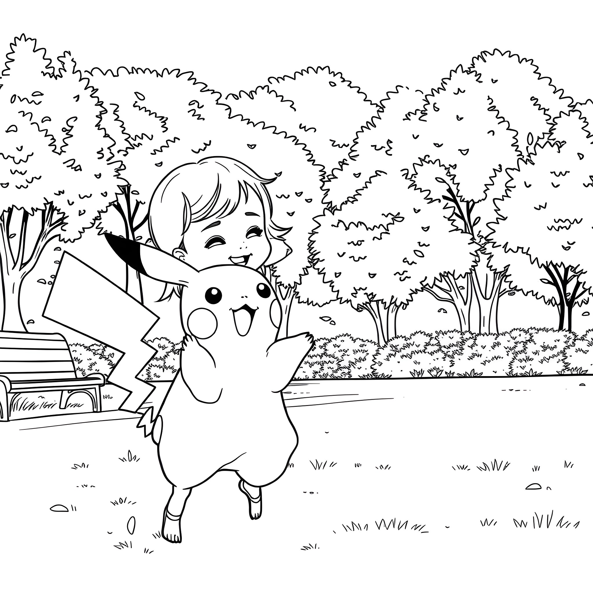 Pikachu playing in the forest Coloring Page (free black-and-white line drawing printable PDF for all, from beginners to advanced learners, including children, teens, adults, and seniors)