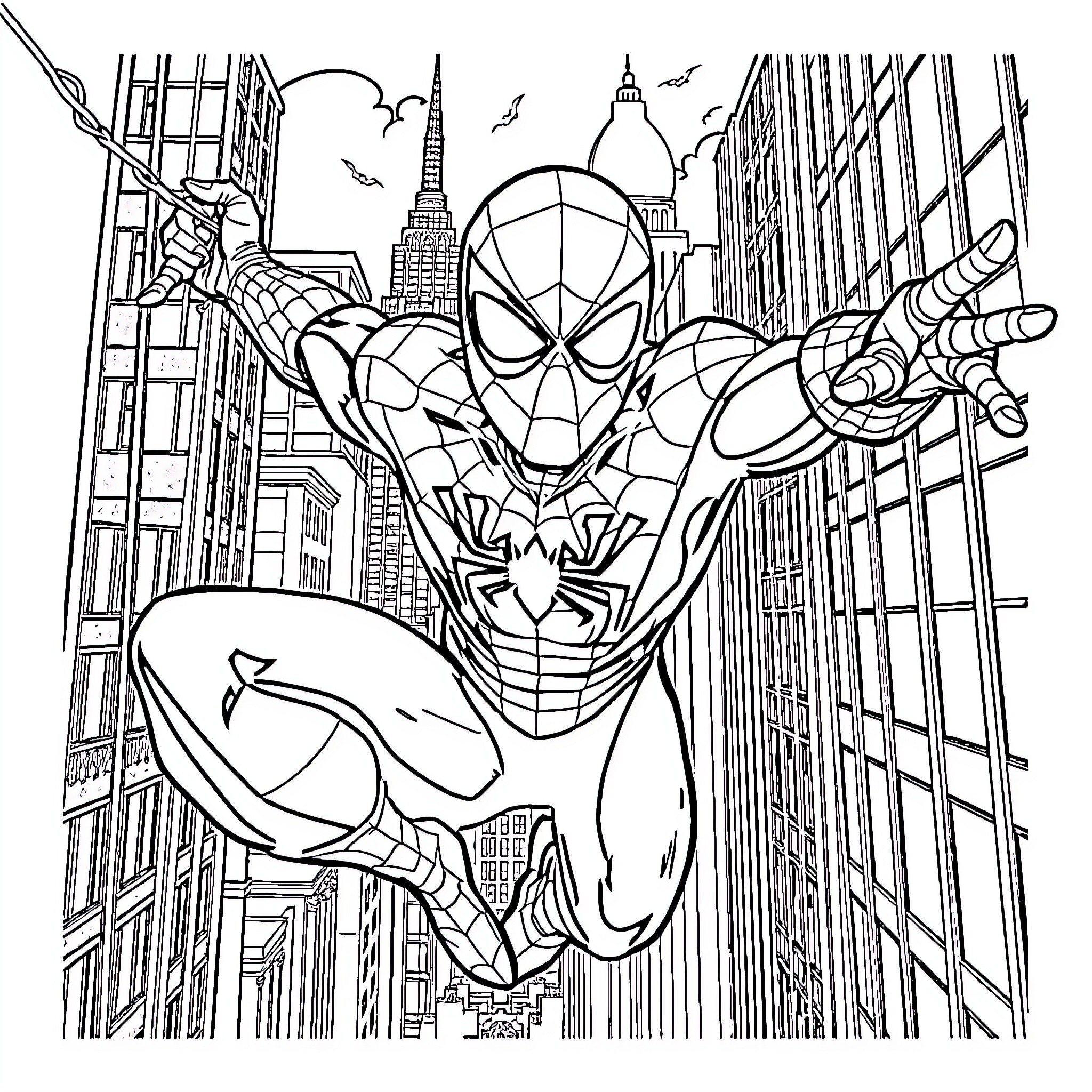 Spider-Man Swinging Through the City Skyline Coloring Page (free black-and-white line drawing printable PDF for all, from beginners to advanced learners, including children, teens, adults, and seniors)