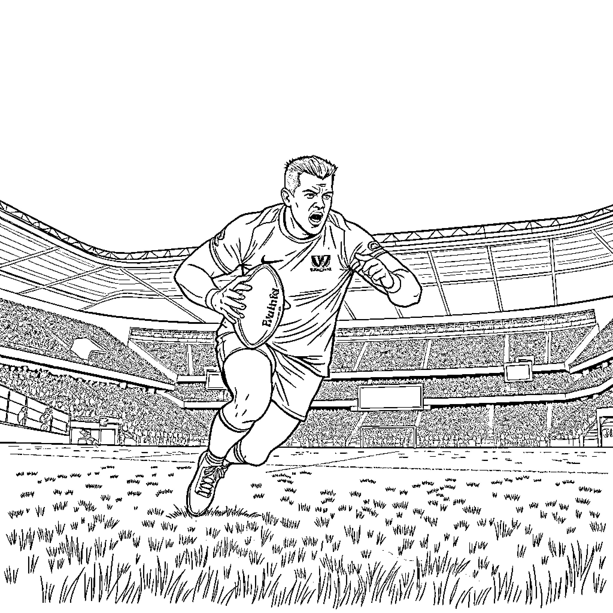 John Cena Rugby Player Competing on Field Coloring Page (free black-and-white line drawing printable PDF for all, from beginners to advanced learners, including children, teens, adults, and seniors)