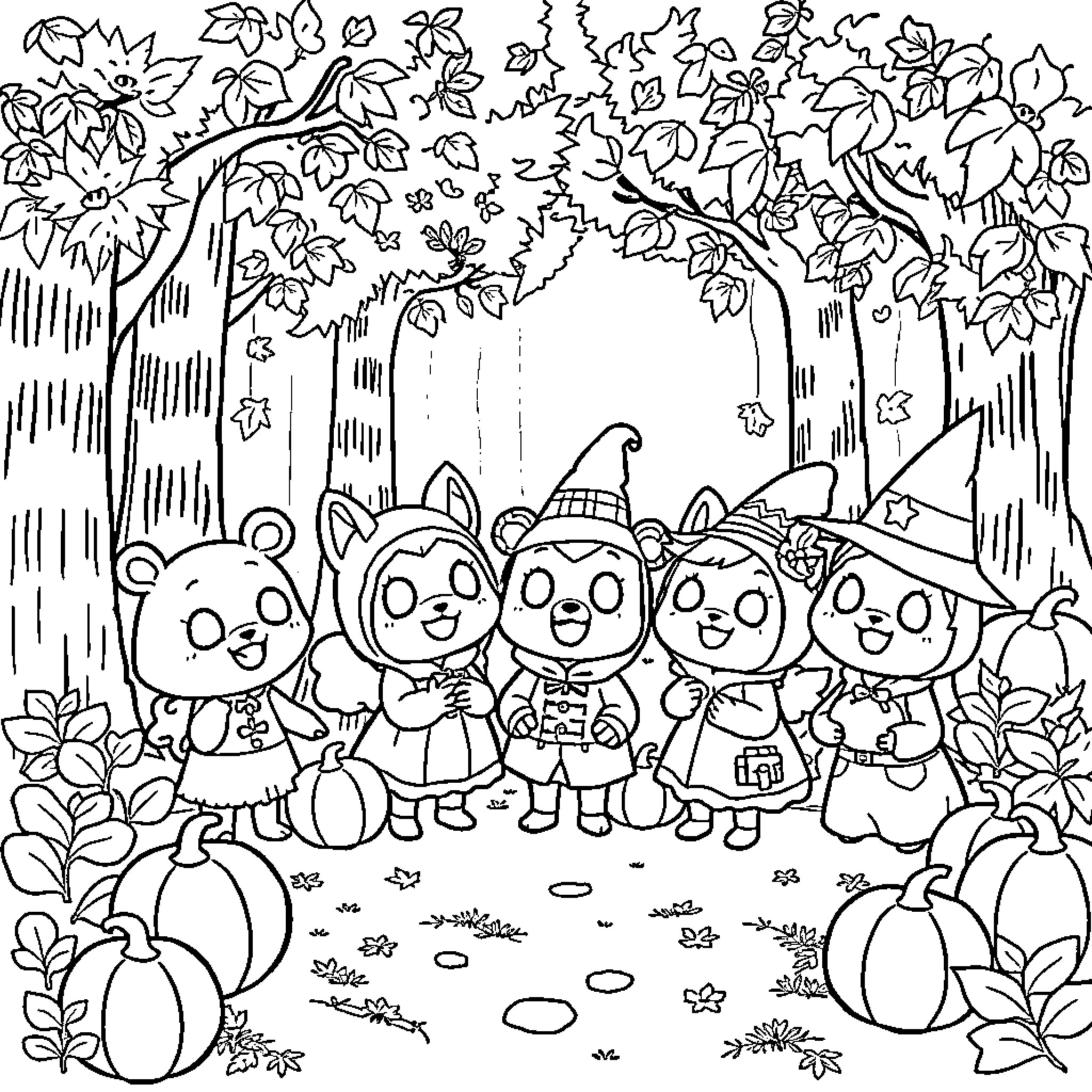 Animal Crossing Characters in a Whimsical Forest Coloring Page (free black-and-white line drawing printable PDF for all, from beginners to advanced learners, including children, teens, adults, and seniors)