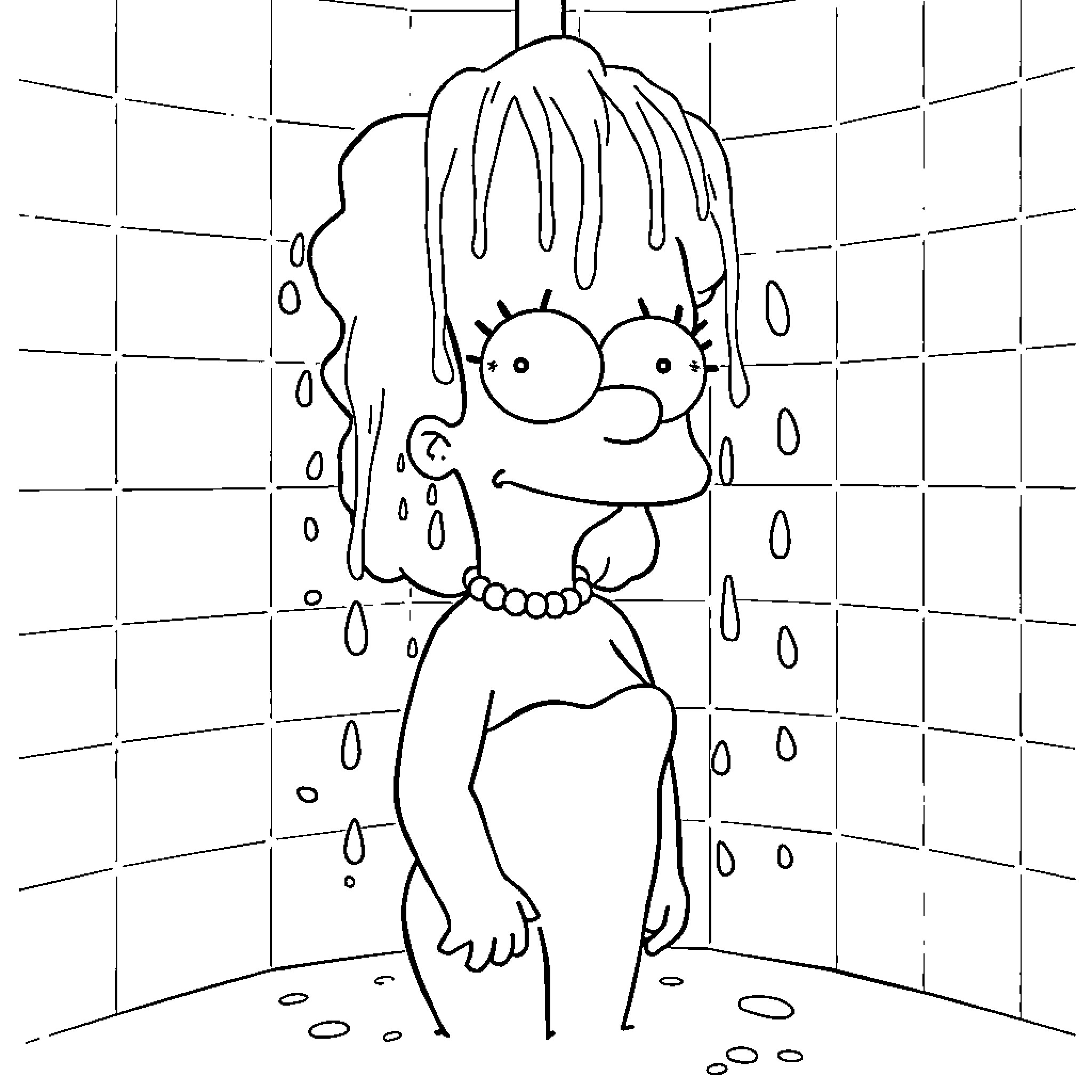 Marge Simpson in the shower with a surprised expression Coloring Page (free black-and-white line drawing printable PDF for all, from beginners to advanced learners, including children, teens, adults, and seniors)