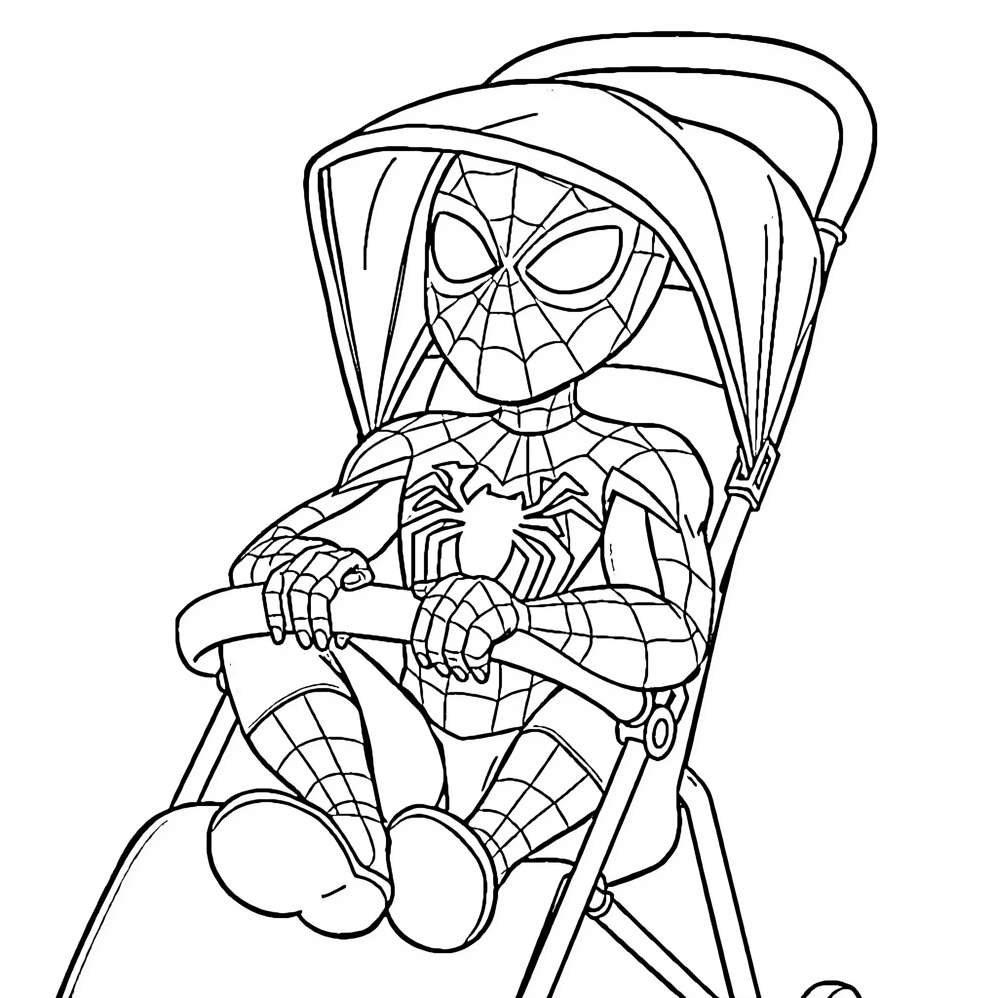 Spiderman sitting calmly in a stroller Coloring Page (free black-and-white line drawing printable PDF for all, from beginners to advanced learners, including children, teens, adults, and seniors)