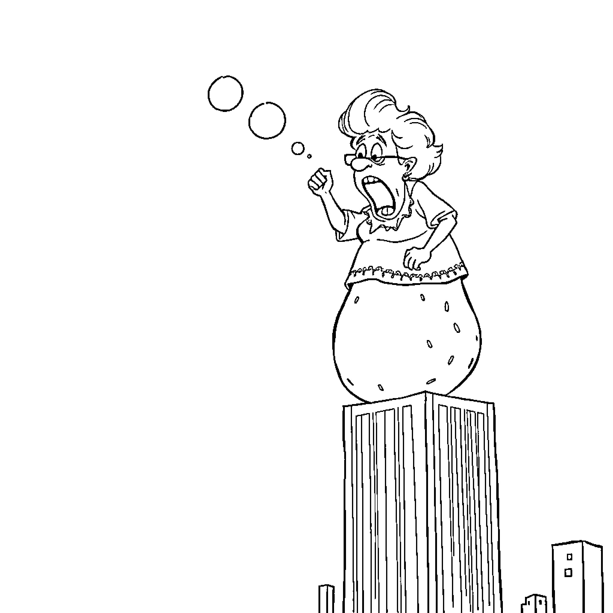 Grandma blowing bubbles atop a city skyscraper Coloring Page (free black-and-white line drawing printable PDF for all, from beginners to advanced learners, including children, teens, adults, and seniors)
