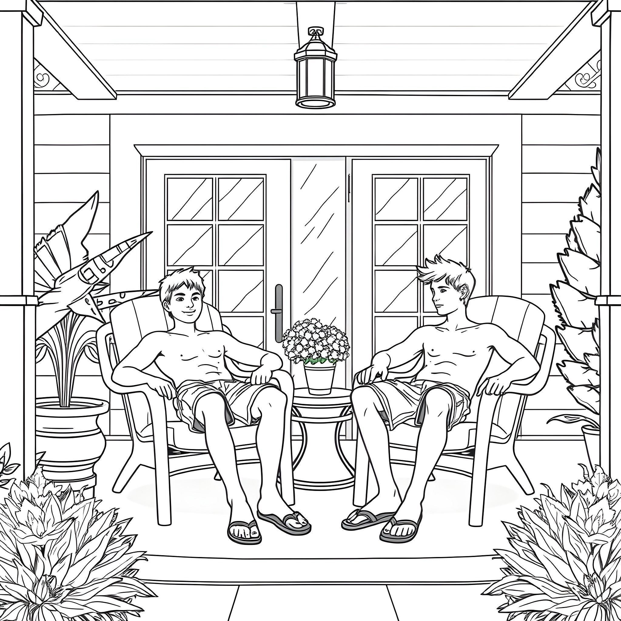 Teen Guys Relaxing on Porch Together Coloring Page (free black-and-white line drawing printable PDF for all, from beginners to advanced learners, including children, teens, adults, and seniors)