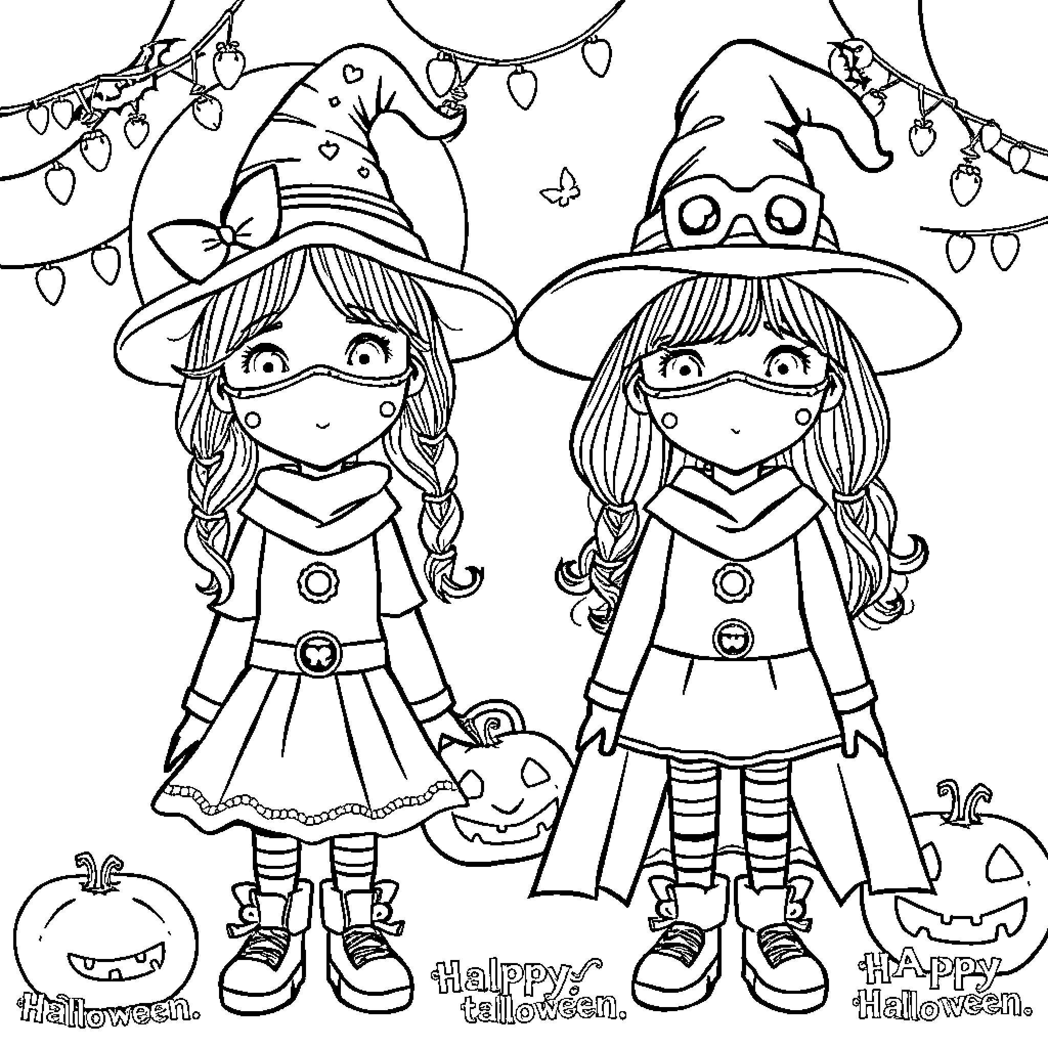 Girls in Halloween Costumes and Decorations Coloring Page (free black-and-white line drawing printable PDF for all, from beginners to advanced learners, including children, teens, adults, and seniors)