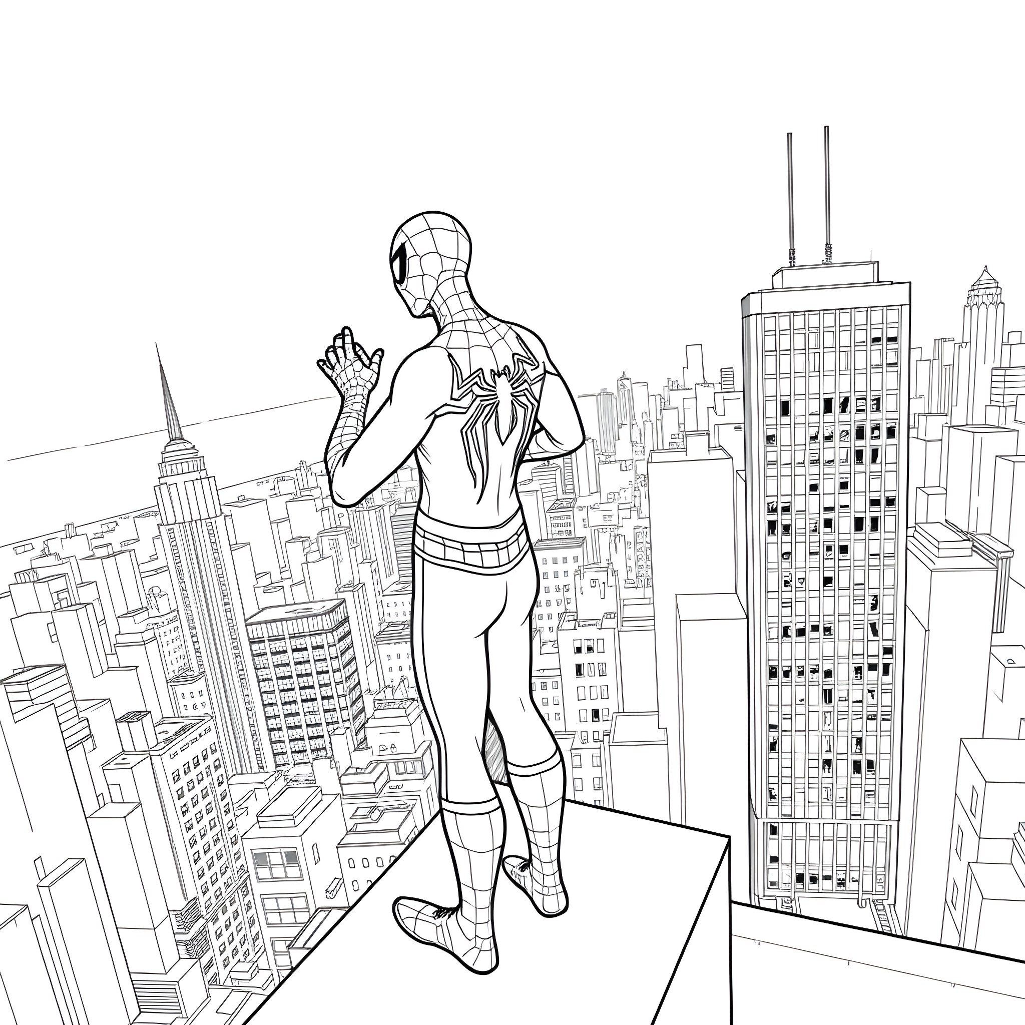 Spider-Man swinging through the city skyline Coloring Page (free black-and-white line drawing printable PDF for all, from beginners to advanced learners, including children, teens, adults, and seniors)