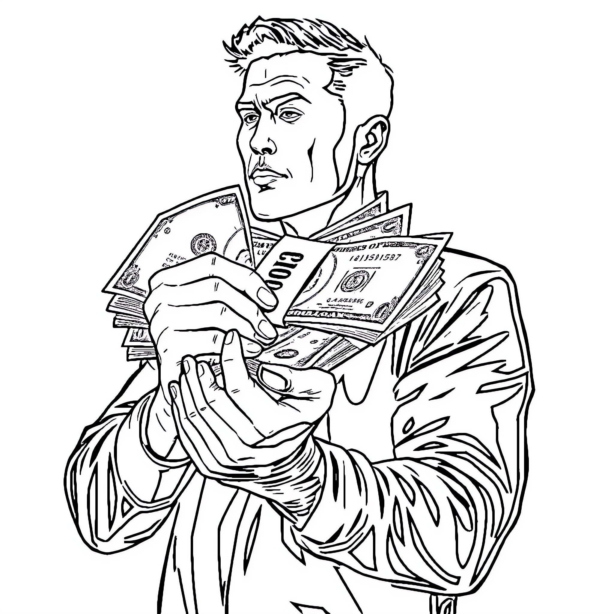 Man Counting Stacks of Cash and Coins Coloring Page (free black-and-white line drawing printable PDF for all, from beginners to advanced learners, including children, teens, adults, and seniors)