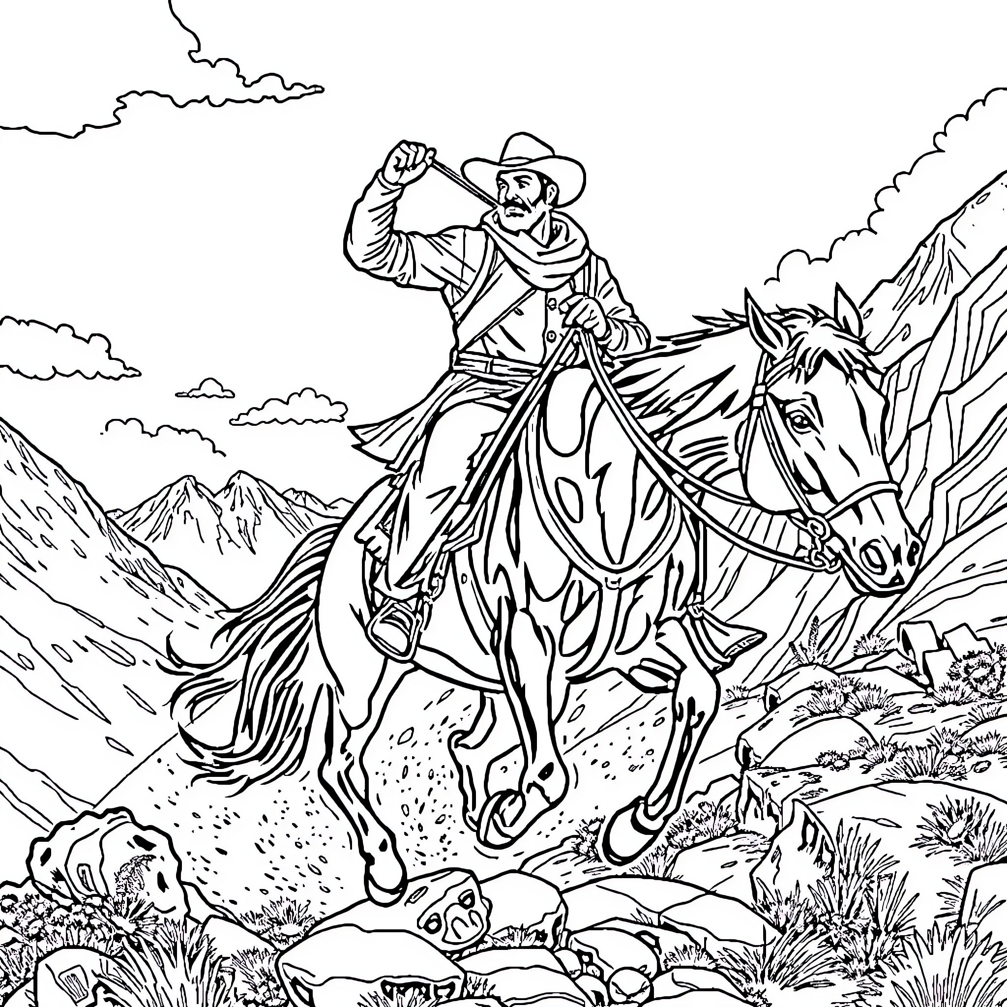 Man riding horse through rugged mountain landscape Coloring Page (free black-and-white line drawing printable PDF for all, from beginners to advanced learners, including children, teens, adults, and seniors)