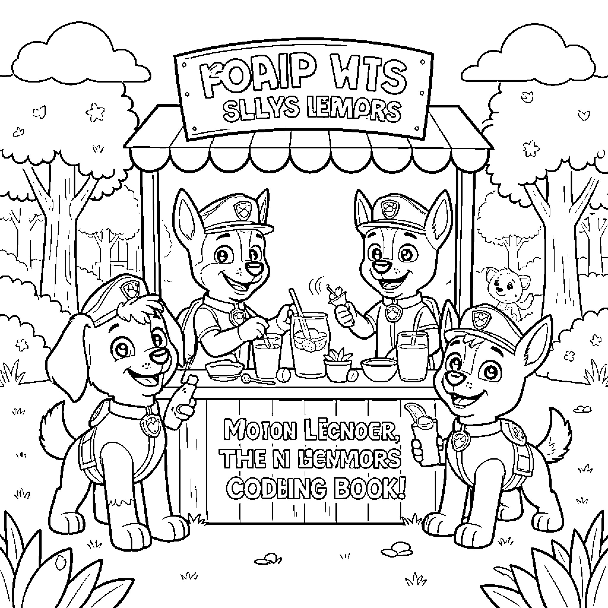 Paw Patrol pups enjoying treats at a summer stand Coloring Page (free black-and-white line drawing printable PDF for all, from beginners to advanced learners, including children, teens, adults, and seniors)