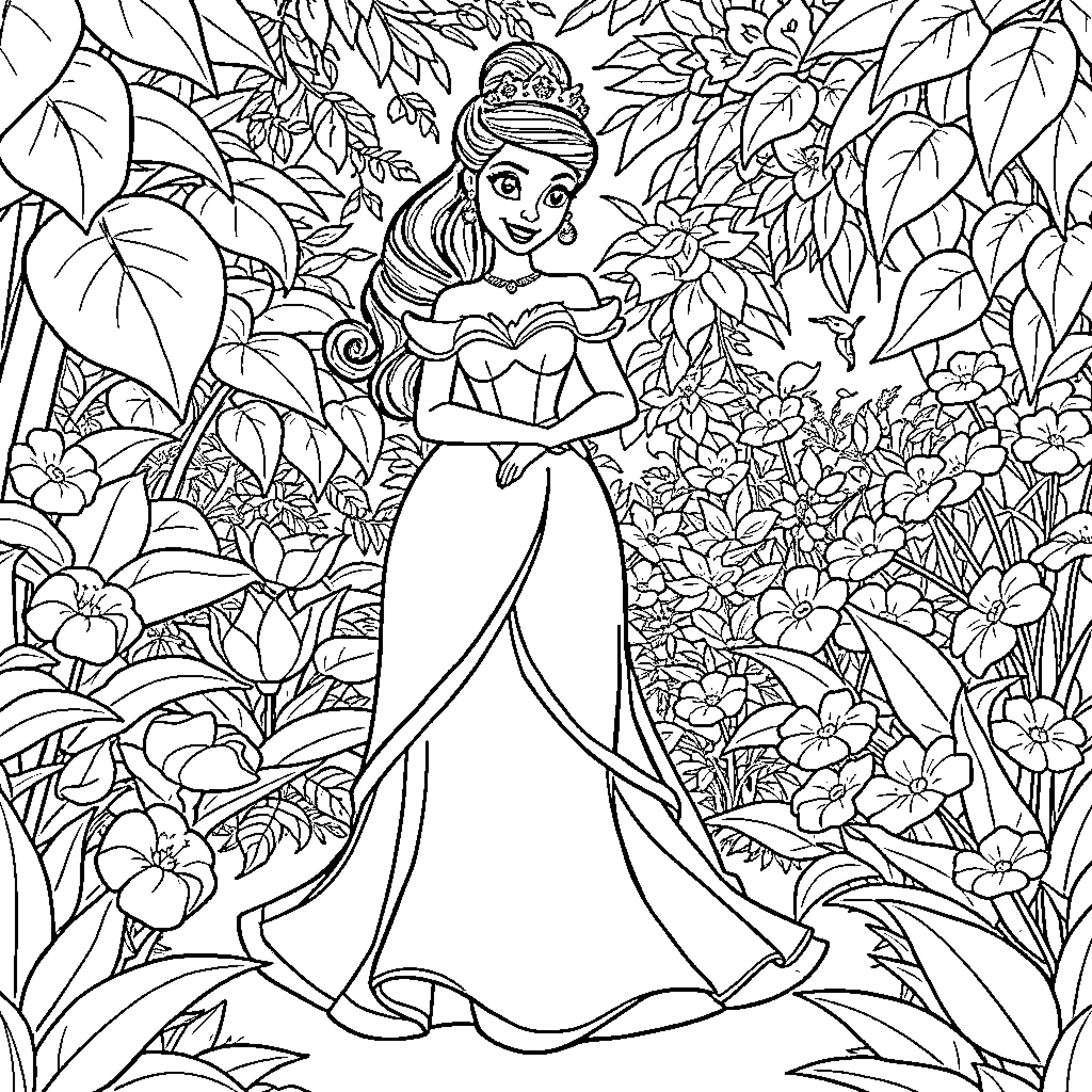 Princess Tiana surrounded by lush foliage and blooming flowers Coloring Page (free black-and-white line drawing printable PDF for all, from beginners to advanced learners, including children, teens, adults, and seniors)