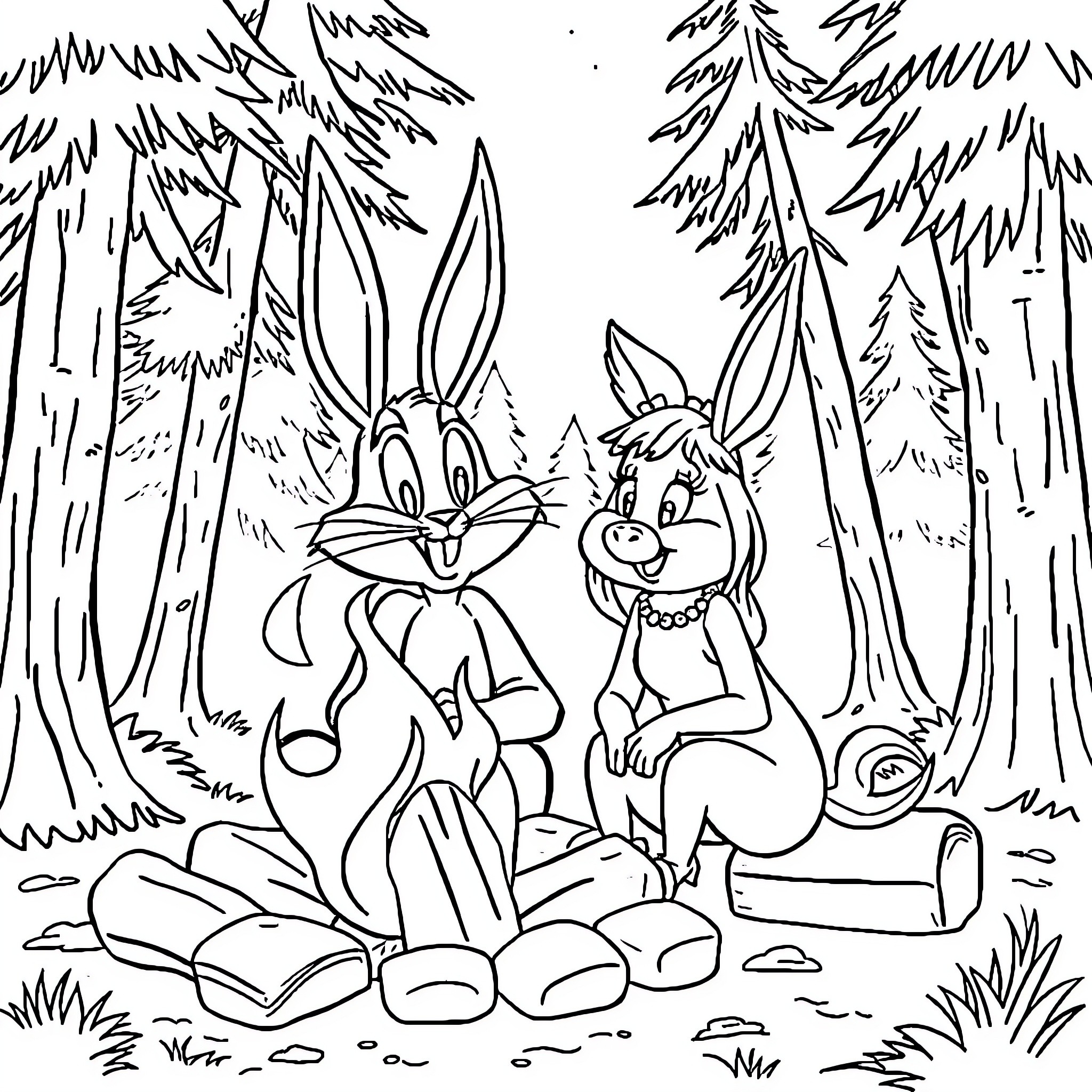 Bugs Bunny and friend exploring the forest Coloring Page (free black-and-white line drawing printable PDF for all, from beginners to advanced learners, including children, teens, adults, and seniors)