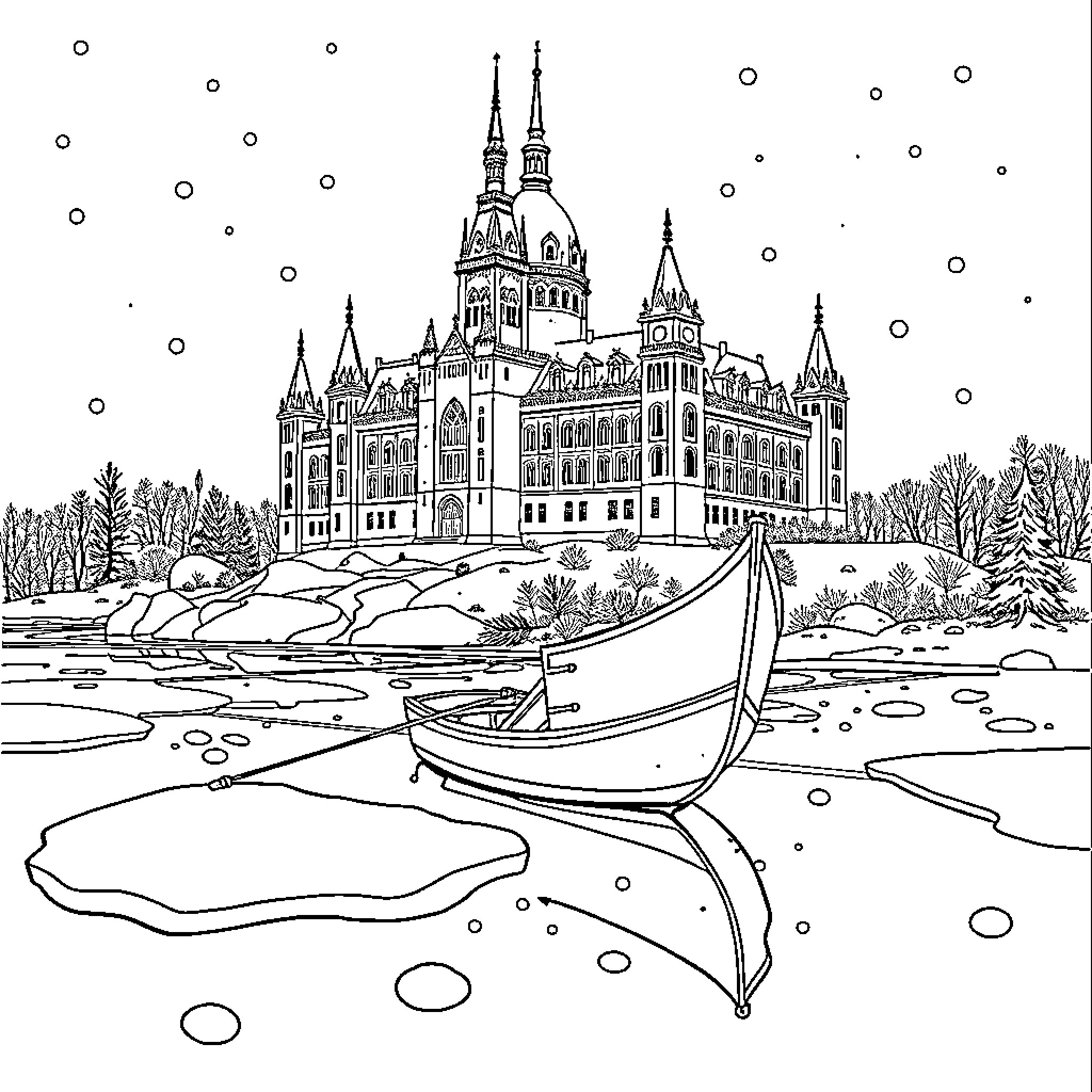 Canoe sailing on frozen lake near ornate castle Coloring Page (free black-and-white line drawing printable PDF for all, from beginners to advanced learners, including children, teens, adults, and seniors)