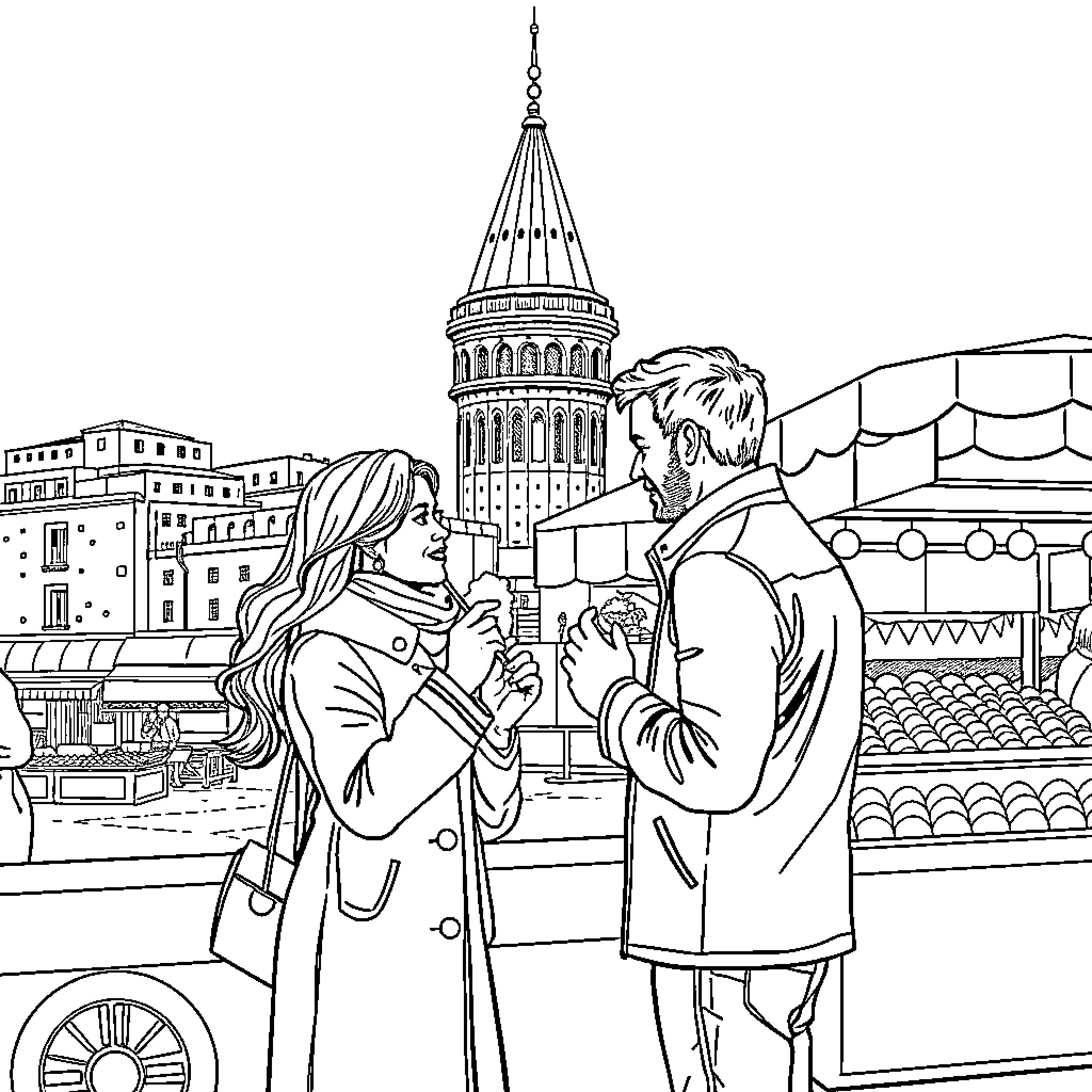 Couple enjoying a romantic moment in the city Coloring Page (free black-and-white line drawing printable PDF for all, from beginners to advanced learners, including children, teens, adults, and seniors)