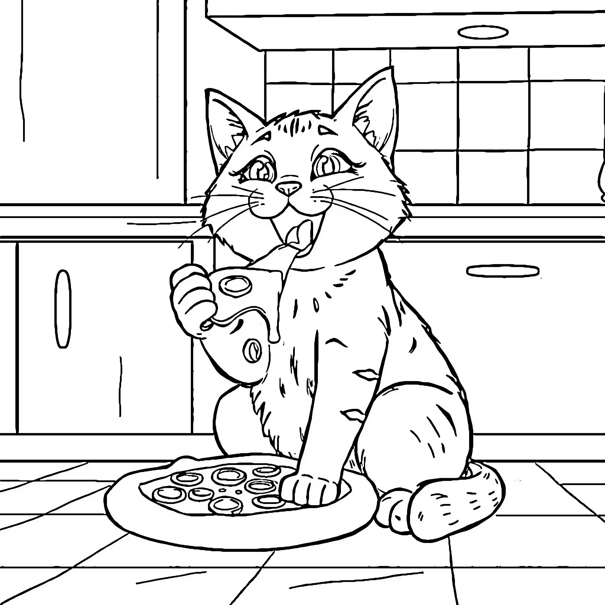 Cat enjoying tasty treats in the kitchen Coloring Page (free black-and-white line drawing printable PDF for all, from beginners to advanced learners, including children, teens, adults, and seniors)