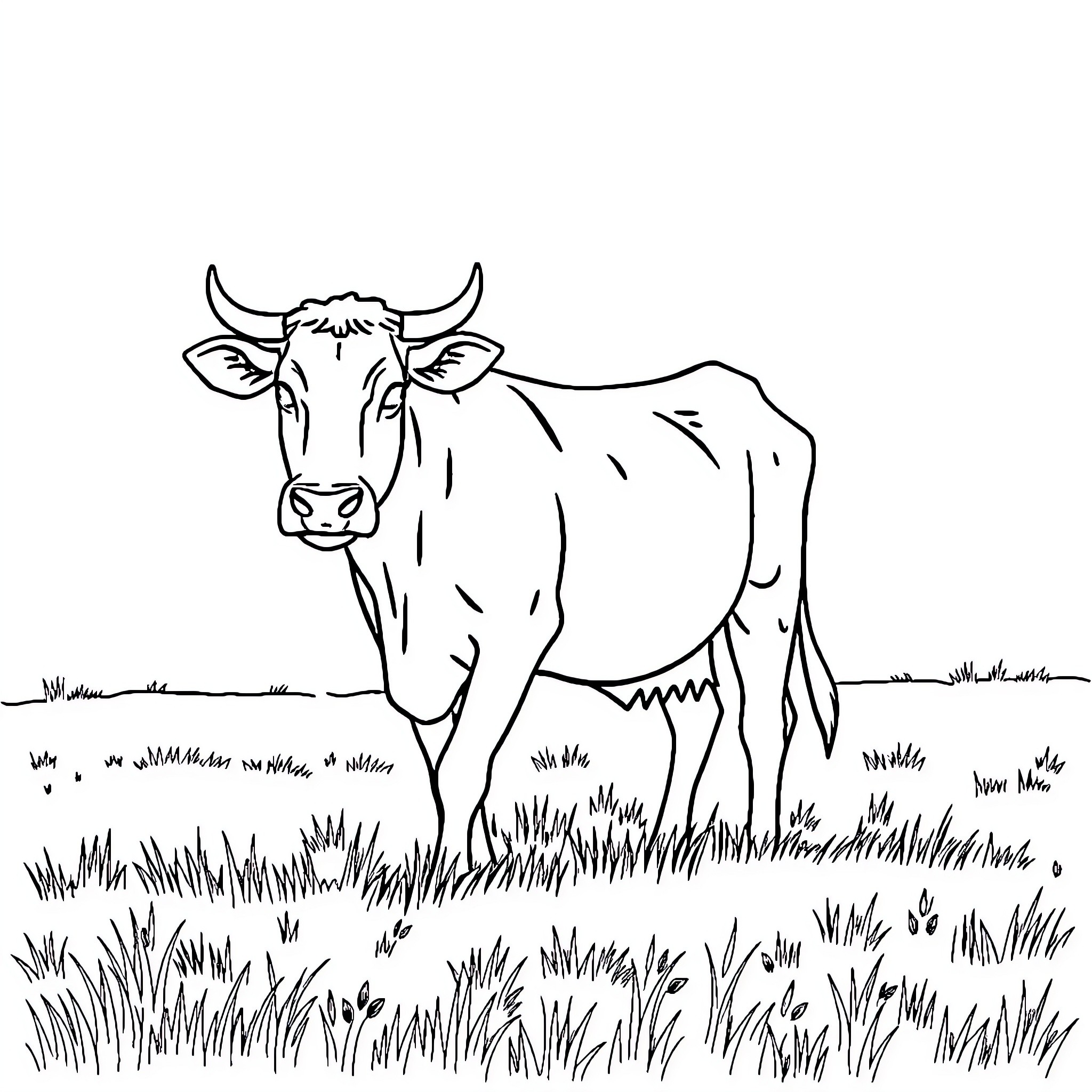 Cow standing tall in the grassy field Coloring Page (free black-and-white line drawing printable PDF for all, from beginners to advanced learners, including children, teens, adults, and seniors)