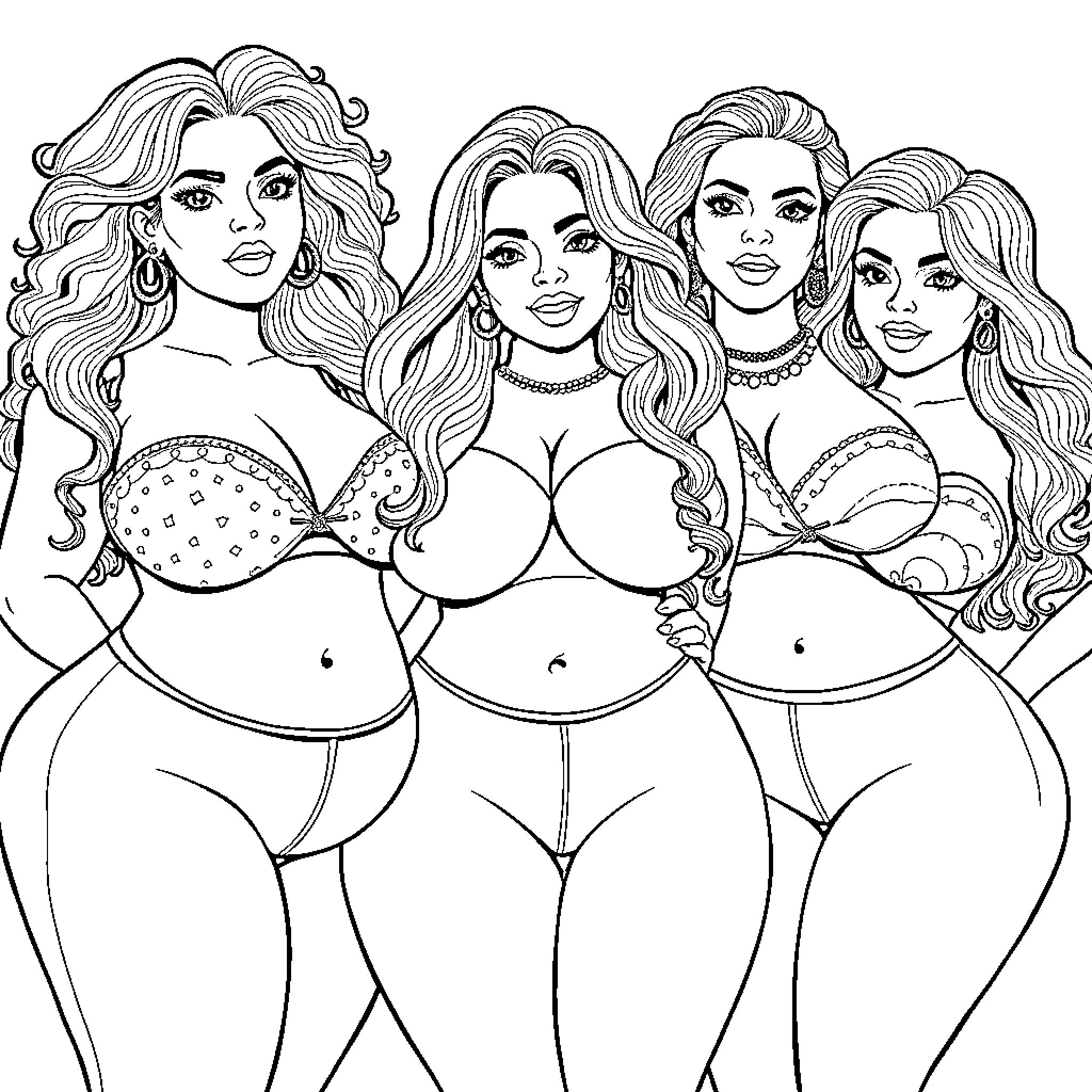Latina Women Posing Confidently in Stylish Outfits Coloring Page (free black-and-white line drawing printable PDF for all, from beginners to advanced learners, including children, teens, adults, and seniors)