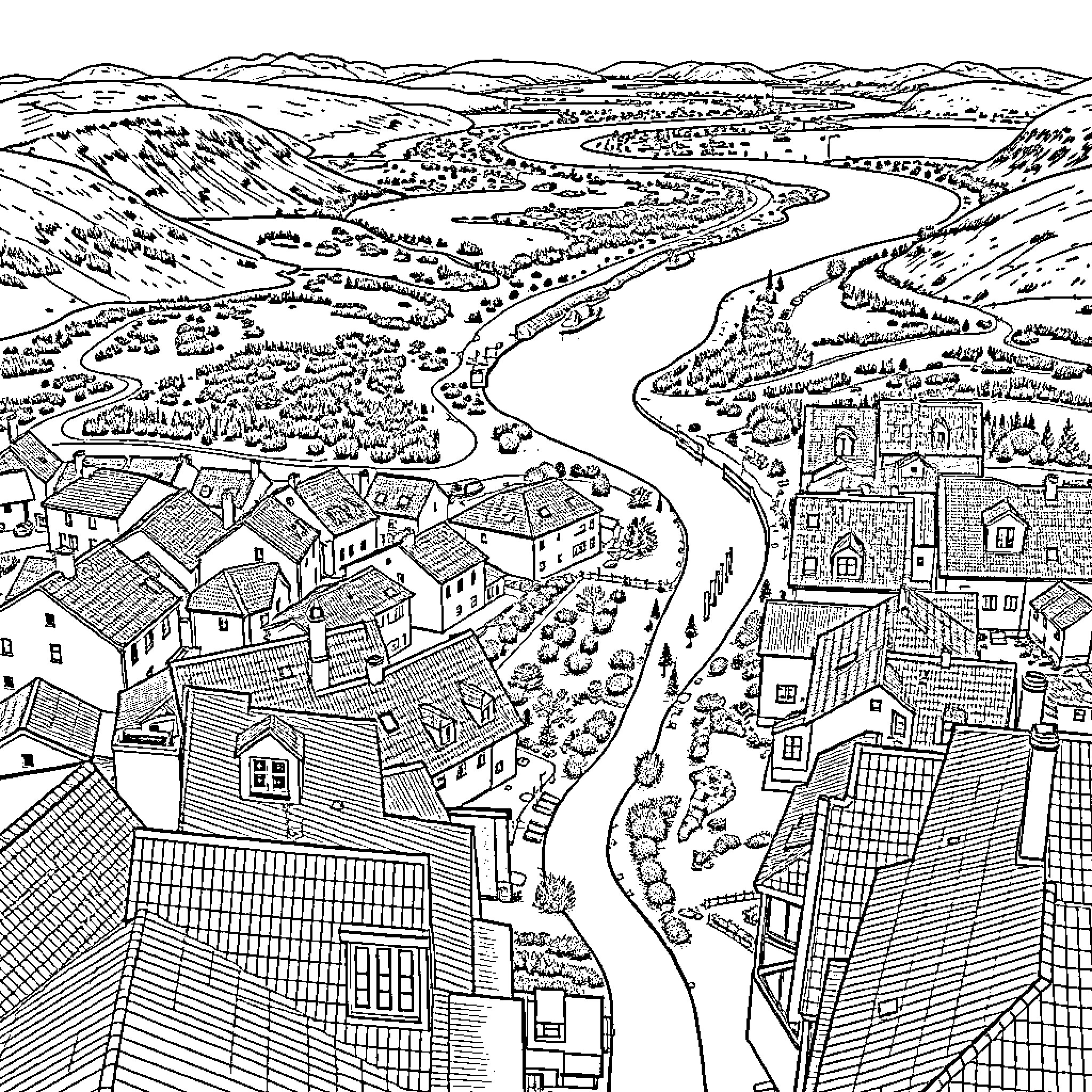 Örnsköldsvik Aerial View of Cityscape and Riverfront Coloring Page (free black-and-white line drawing printable PDF for all, from beginners to advanced learners, including children, teens, adults, and seniors)