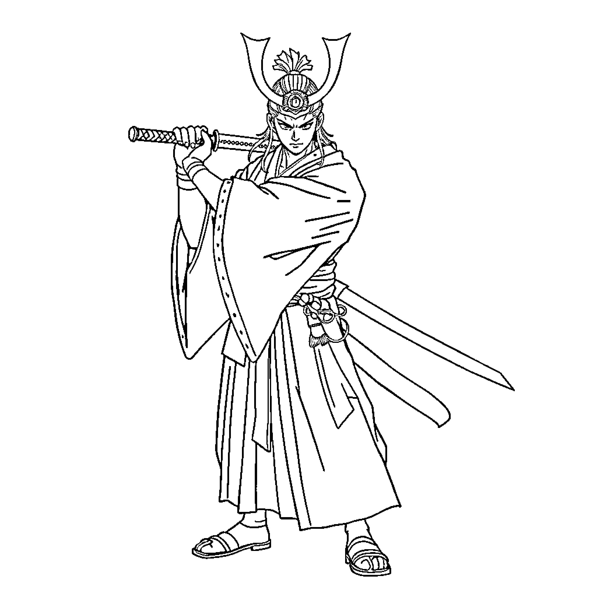 Kyōjurō Rengoku in Samurai Warrior Pose Coloring Page (free black-and-white line drawing printable PDF for all, from beginners to advanced learners, including children, teens, adults, and seniors)