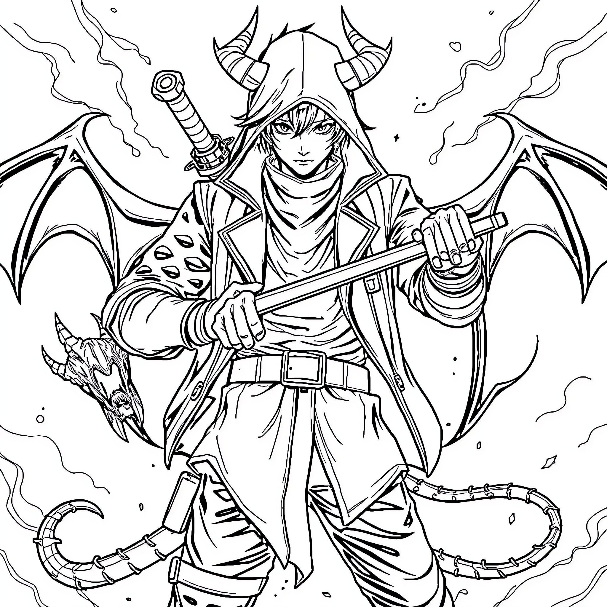 Demon Hunter: Warrior with Demonic Armaments Coloring Page (free black-and-white line drawing printable PDF for all, from beginners to advanced learners, including children, teens, adults, and seniors)