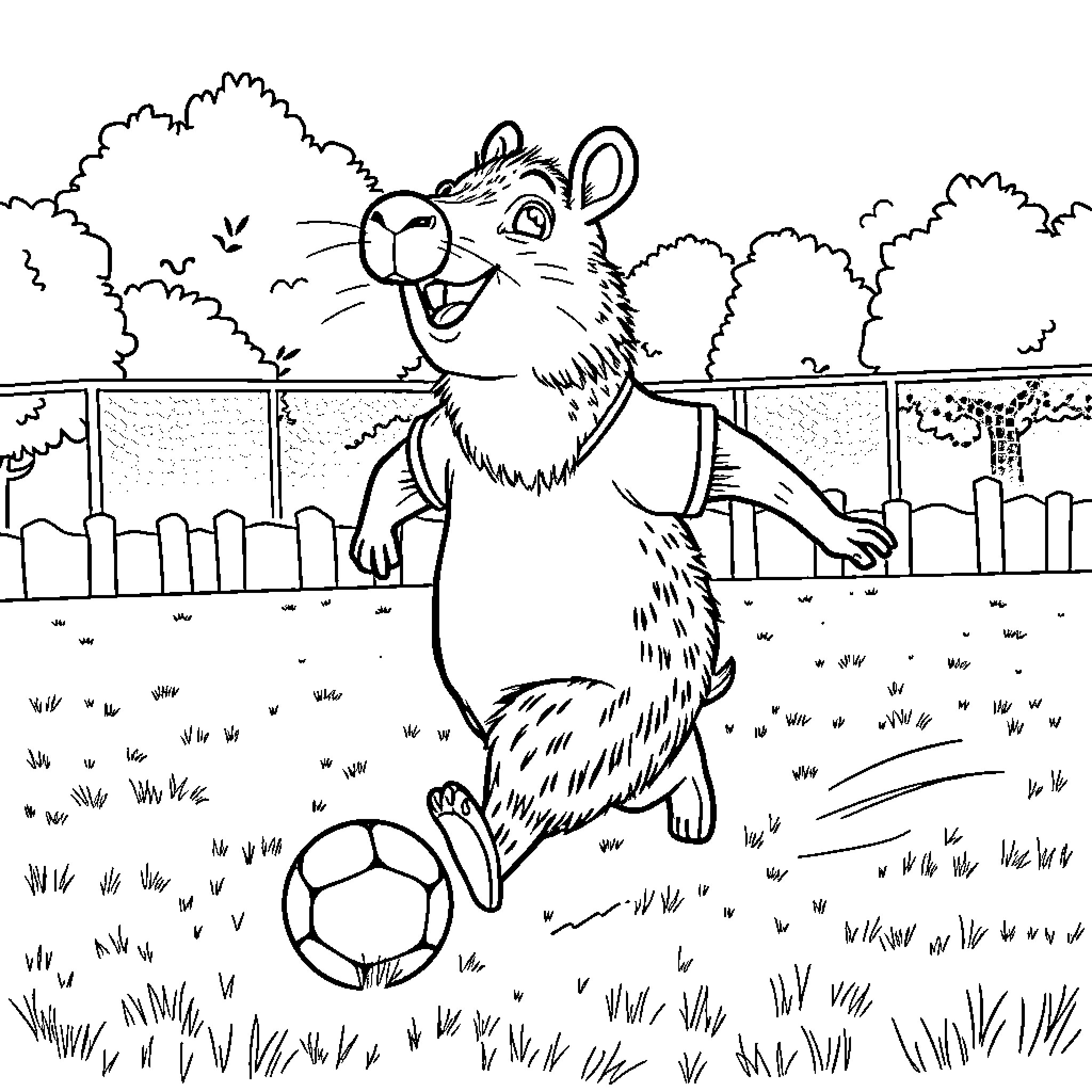Capybara playing soccer in the park Coloring Page (free black-and-white line drawing printable PDF for all, from beginners to advanced learners, including children, teens, adults, and seniors)