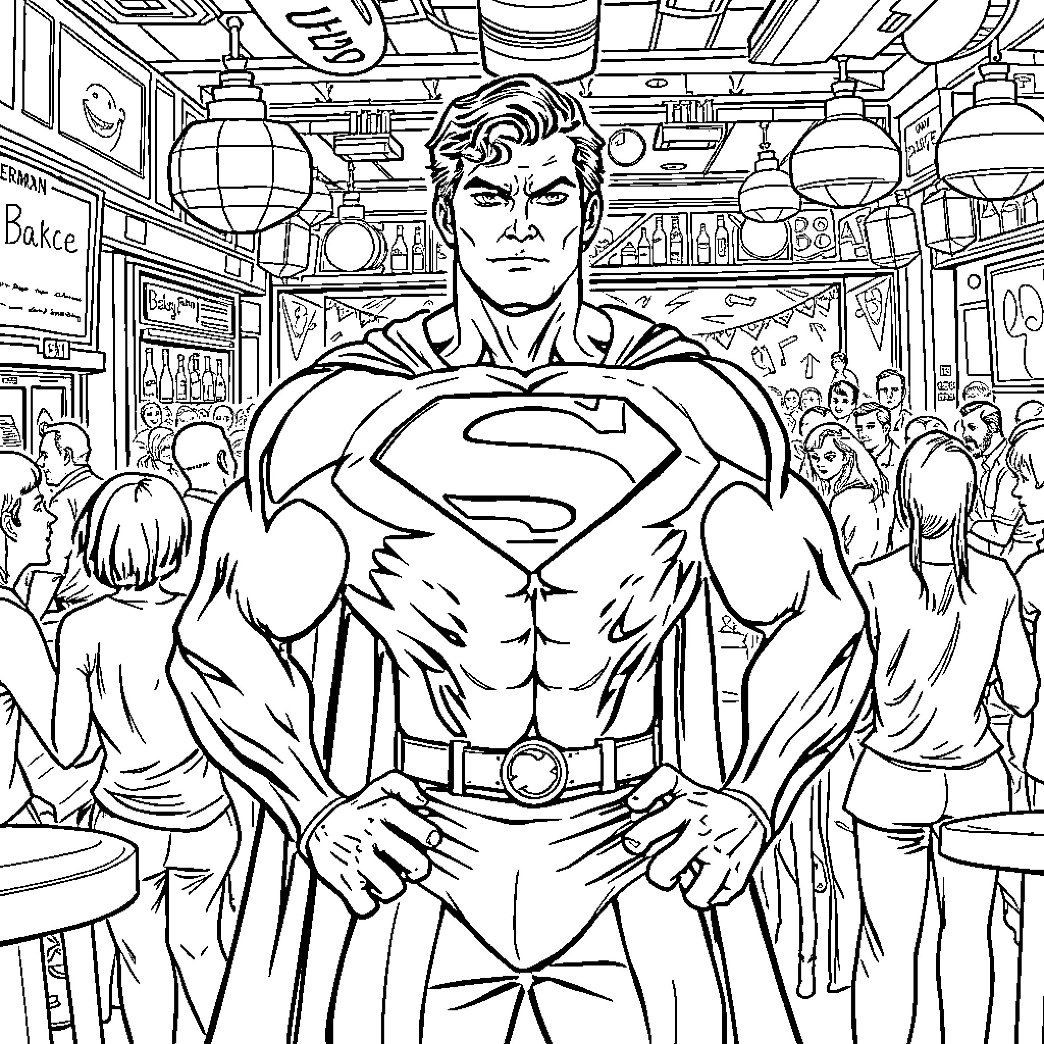 Superman Stands Heroically Amidst Crowd in Diner Coloring Page (free black-and-white line drawing printable PDF for all, from beginners to advanced learners, including children, teens, adults, and seniors)