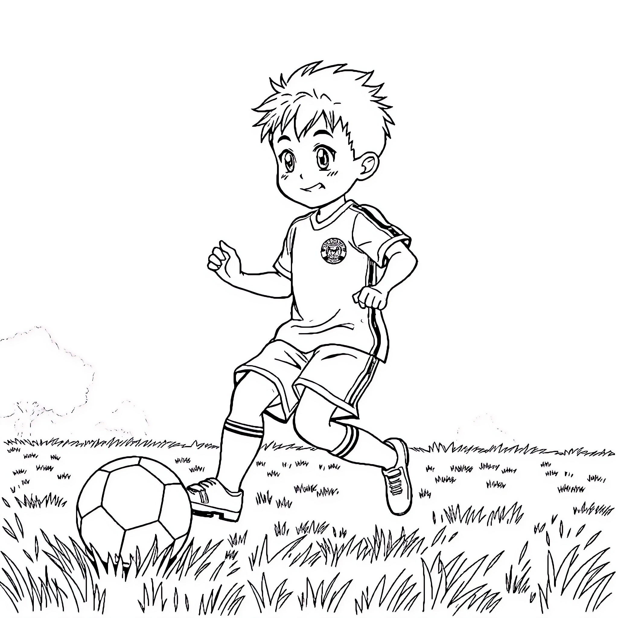 Isagi Yoichi playing soccer on the field Coloring Page (free black-and-white line drawing printable PDF for all, from beginners to advanced learners, including children, teens, adults, and seniors)