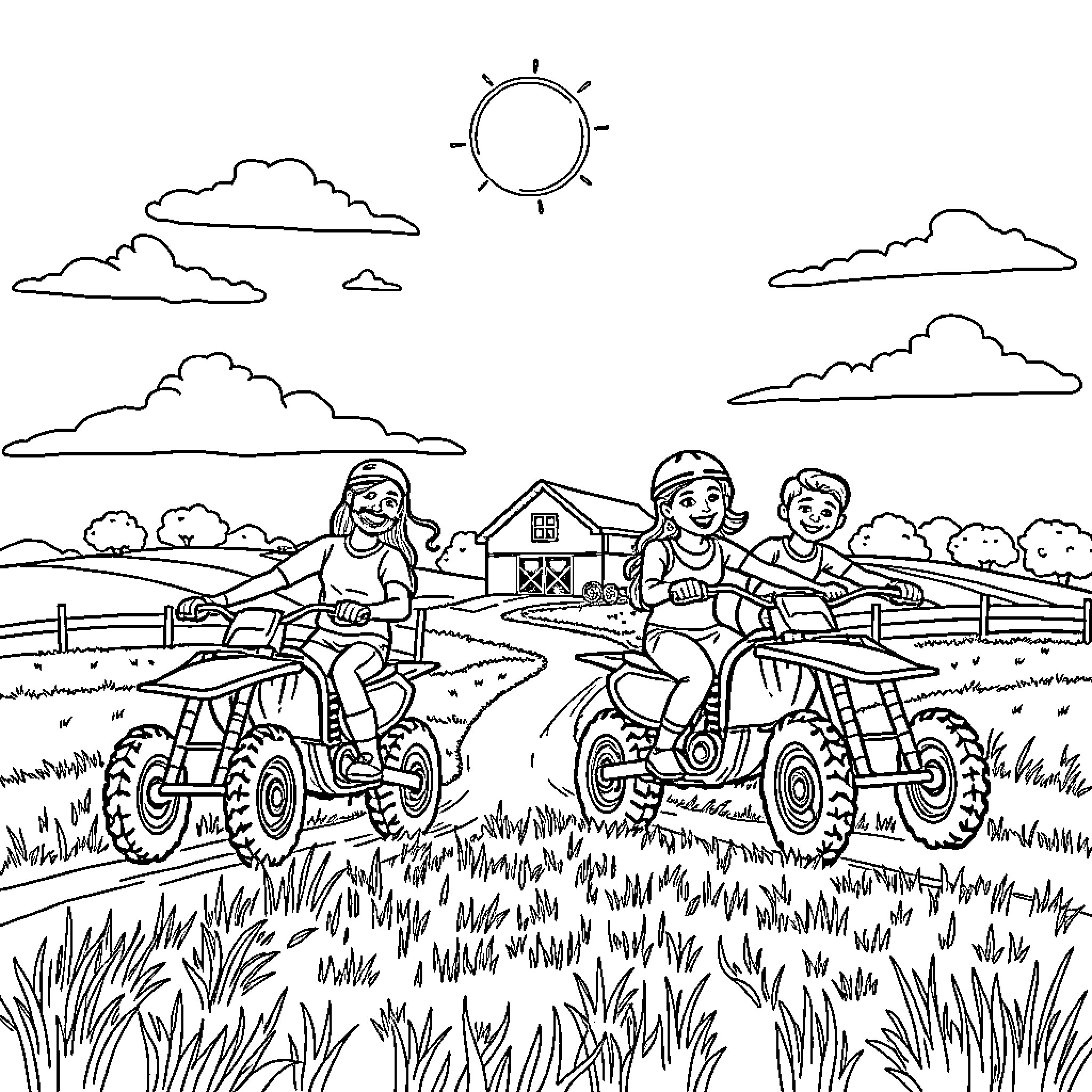Family Fun on the Farm with ATVs Coloring Page (free black-and-white line drawing printable PDF for all, from beginners to advanced learners, including children, teens, adults, and seniors)