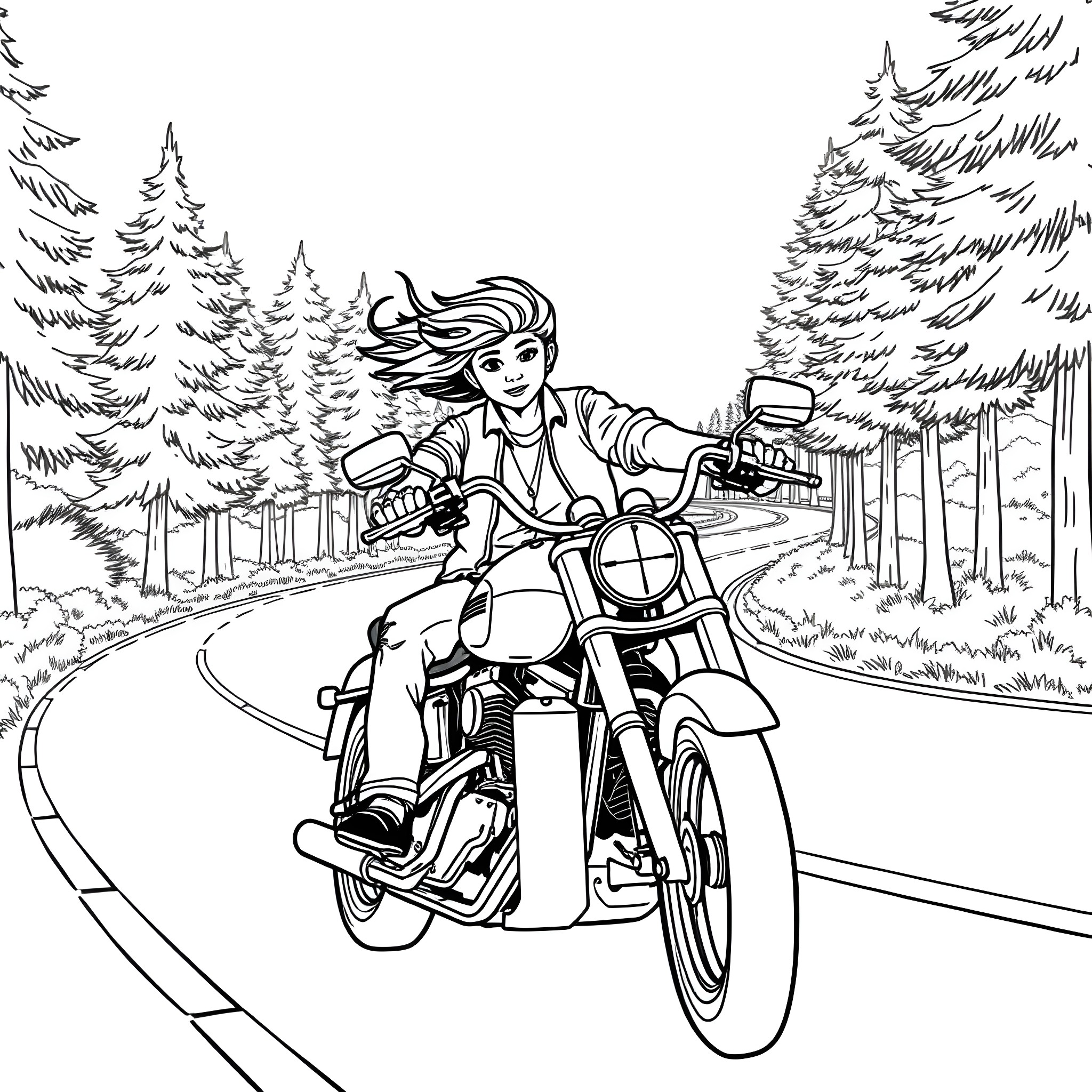 Kid riding motorcycle on forest road Coloring Page (free black-and-white line drawing printable PDF for all, from beginners to advanced learners, including children, teens, adults, and seniors)