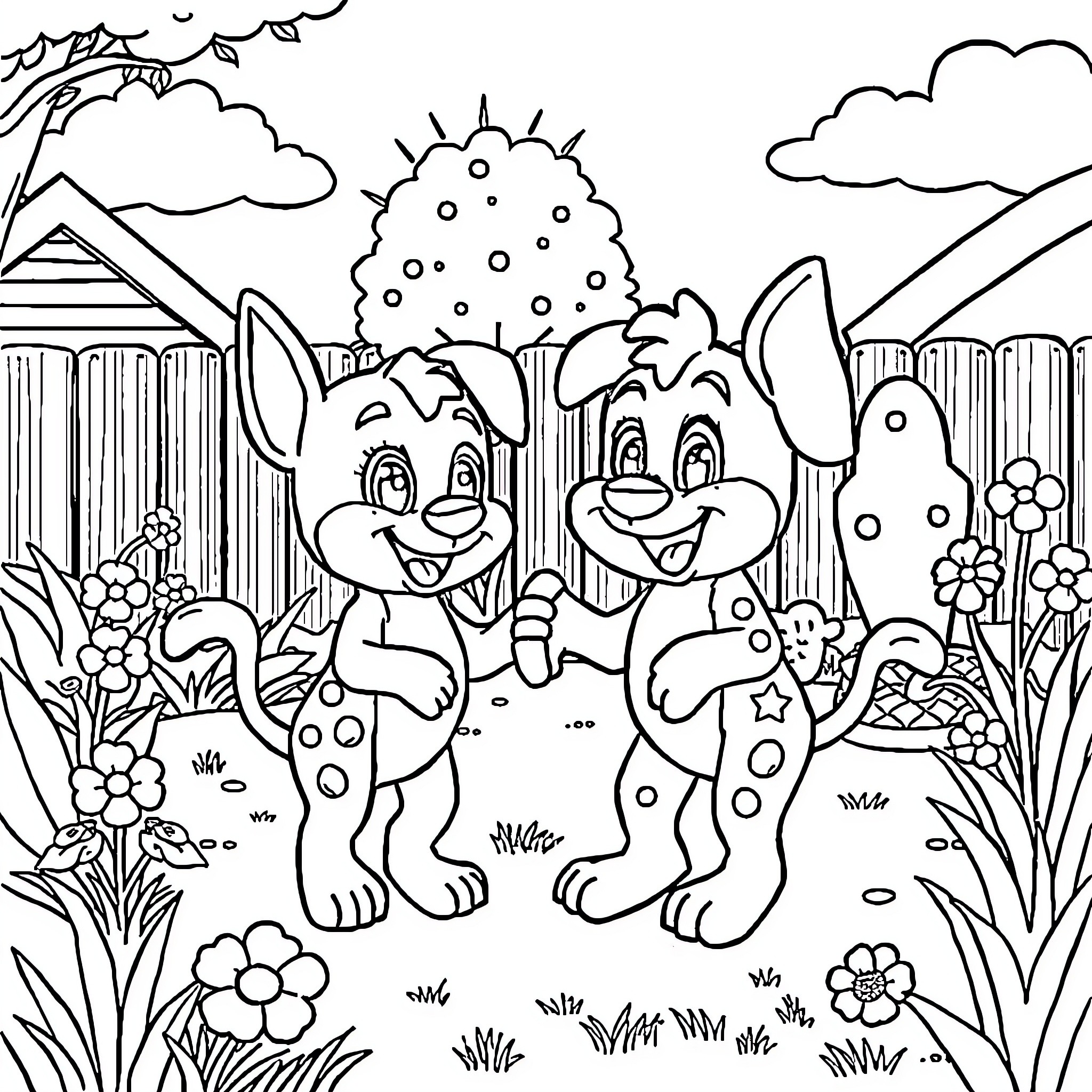 Bluey and Friends Enjoying Nature's Delight Coloring Page (free black-and-white line drawing printable PDF for all, from beginners to advanced learners, including children, teens, adults, and seniors)