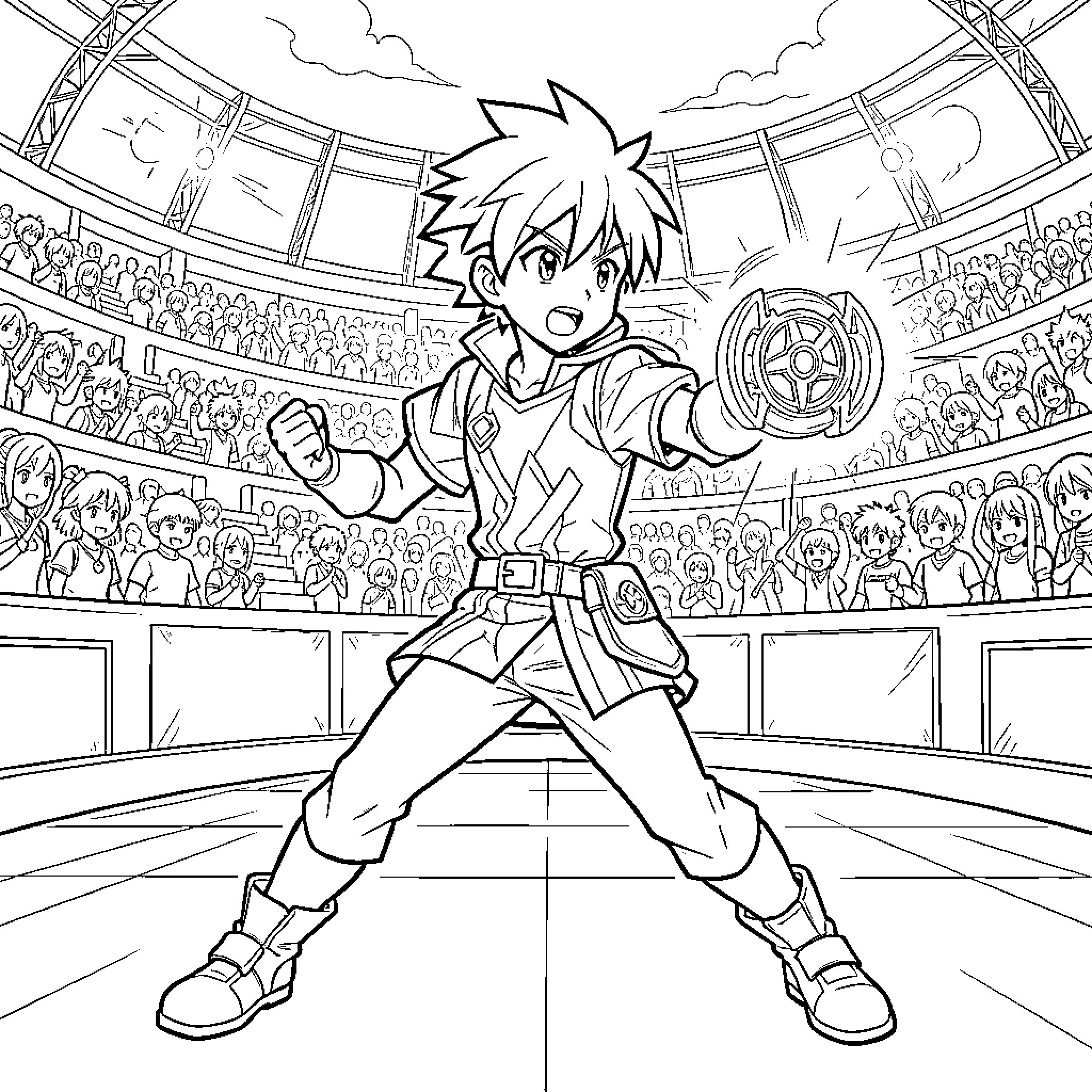 Beyblade Tournament Battle in the Arena Coloring Page (free black-and-white line drawing printable PDF for all, from beginners to advanced learners, including children, teens, adults, and seniors)