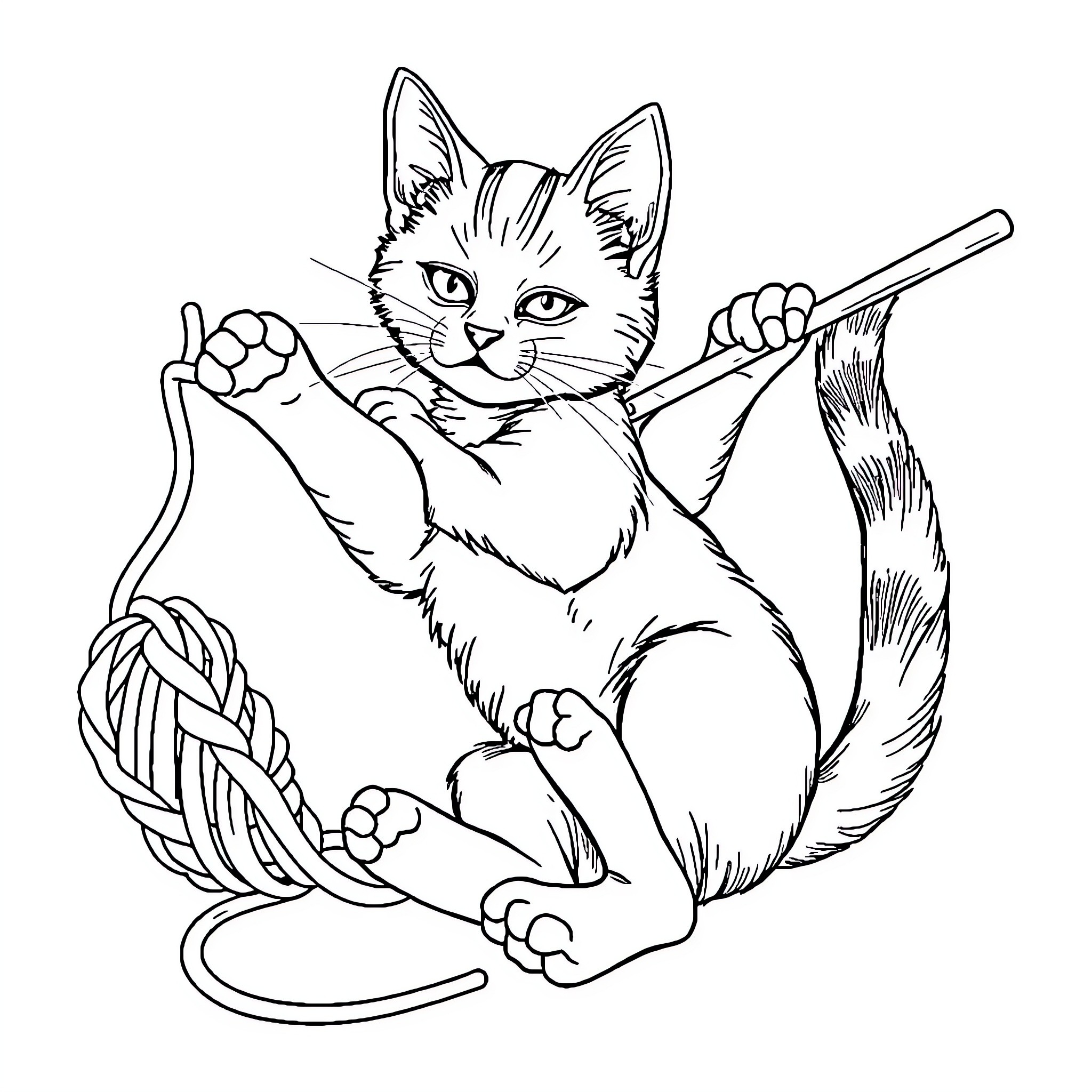 Cat playing with ball of yarn and winding string Coloring Page (free black-and-white line drawing printable PDF for all, from beginners to advanced learners, including children, teens, adults, and seniors)