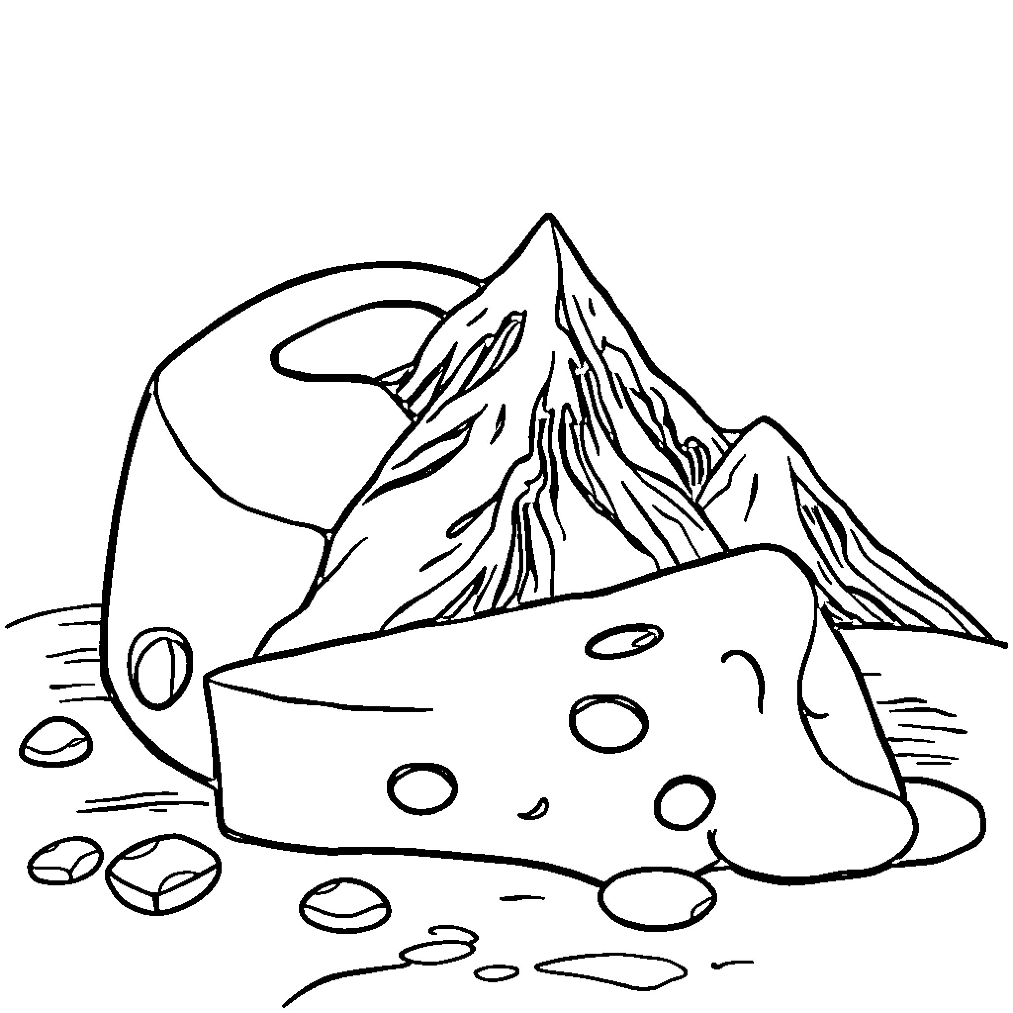 Cheese mountain landscape under the moon Coloring Page (free black-and-white line drawing printable PDF for all, from beginners to advanced learners, including children, teens, adults, and seniors)