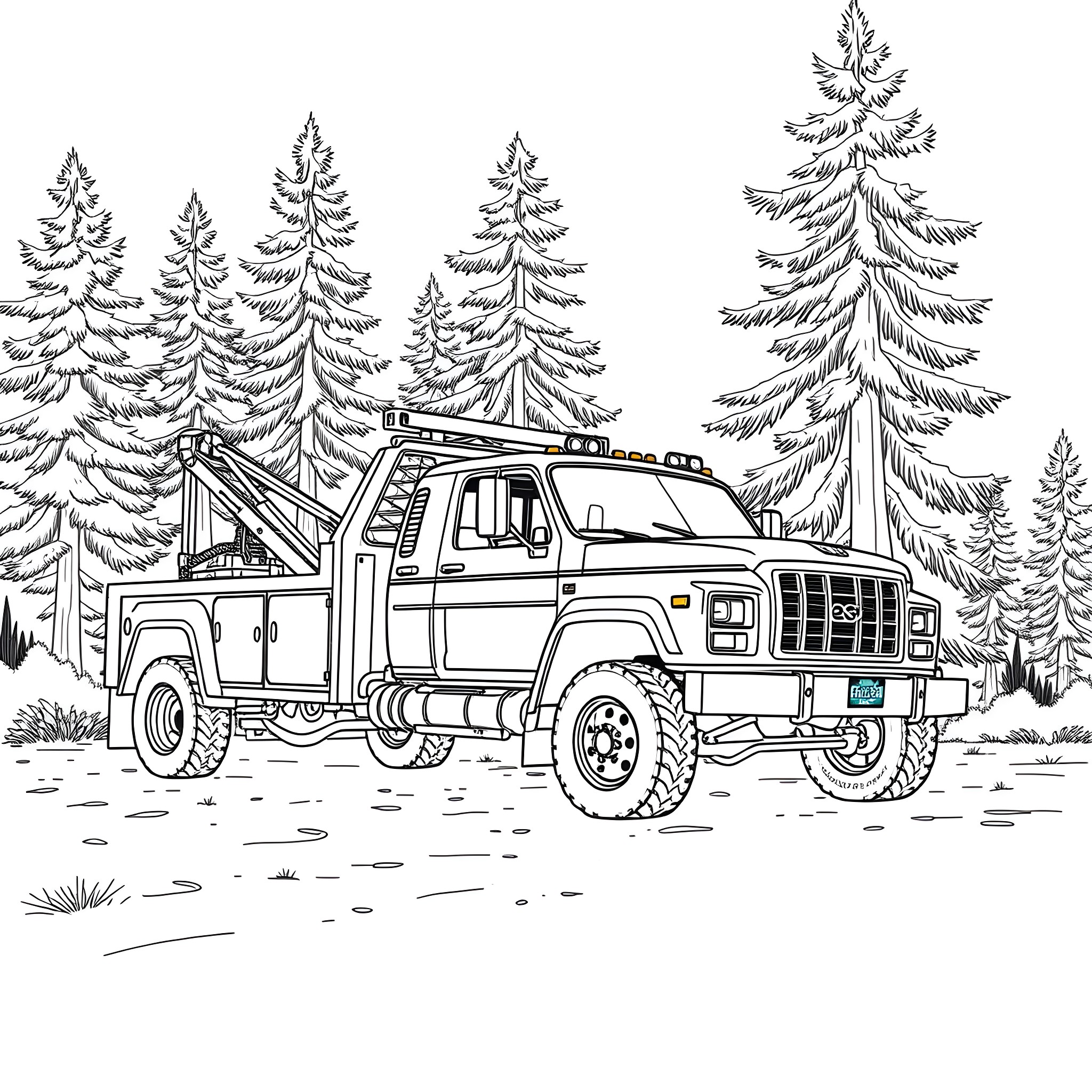 Wrecker Truck Assisting a Vehicle in Snowy Forest Coloring Page (free black-and-white line drawing printable PDF for all, from beginners to advanced learners, including children, teens, adults, and seniors)