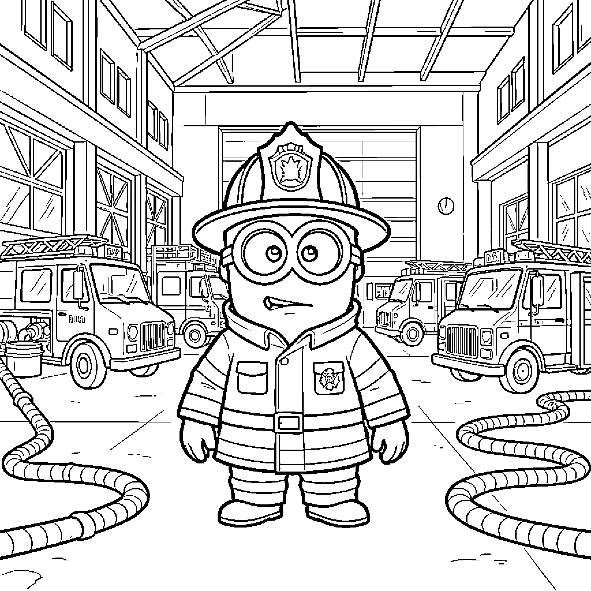 Minion dressed as a firefighter in a station Coloring Page (free black-and-white line drawing printable PDF for all, from beginners to advanced learners, including children, teens, adults, and seniors)