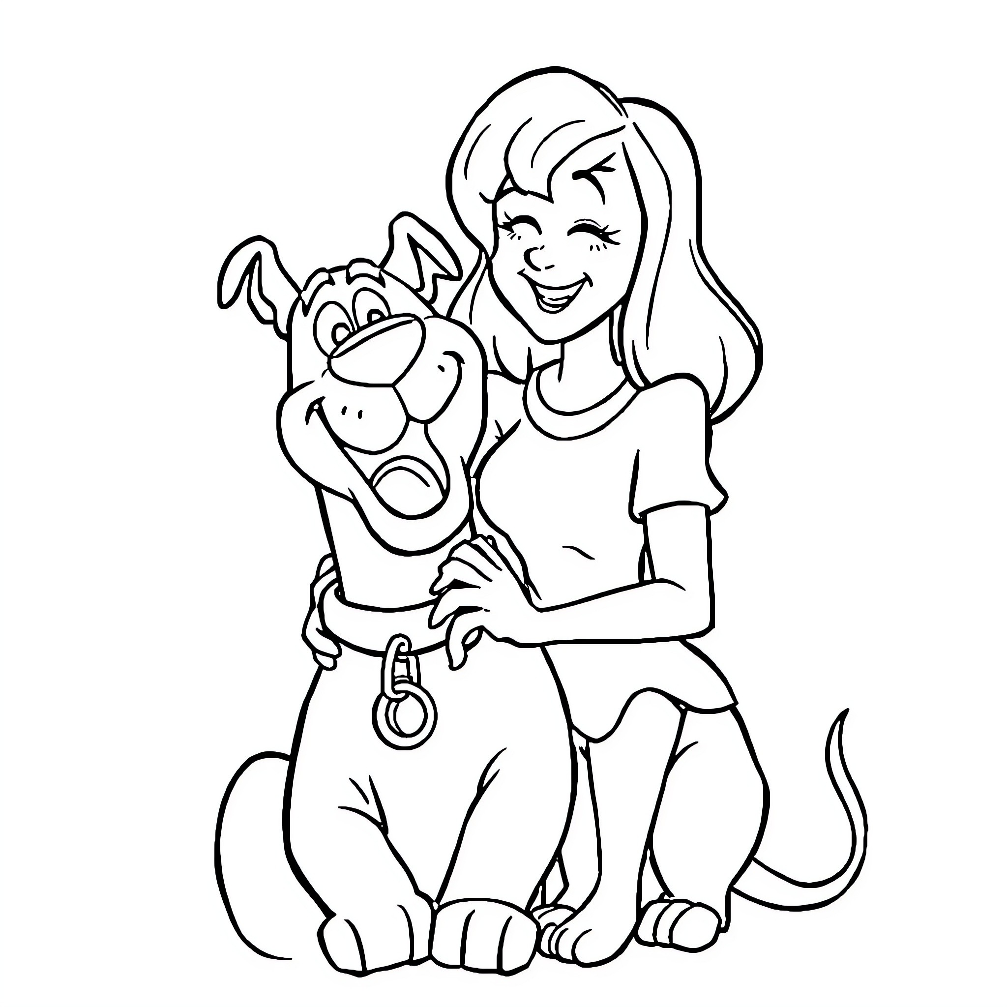 Scooby Doo and a Smiling Girl Coloring Page (free black-and-white line drawing printable PDF for all, from beginners to advanced learners, including children, teens, adults, and seniors)