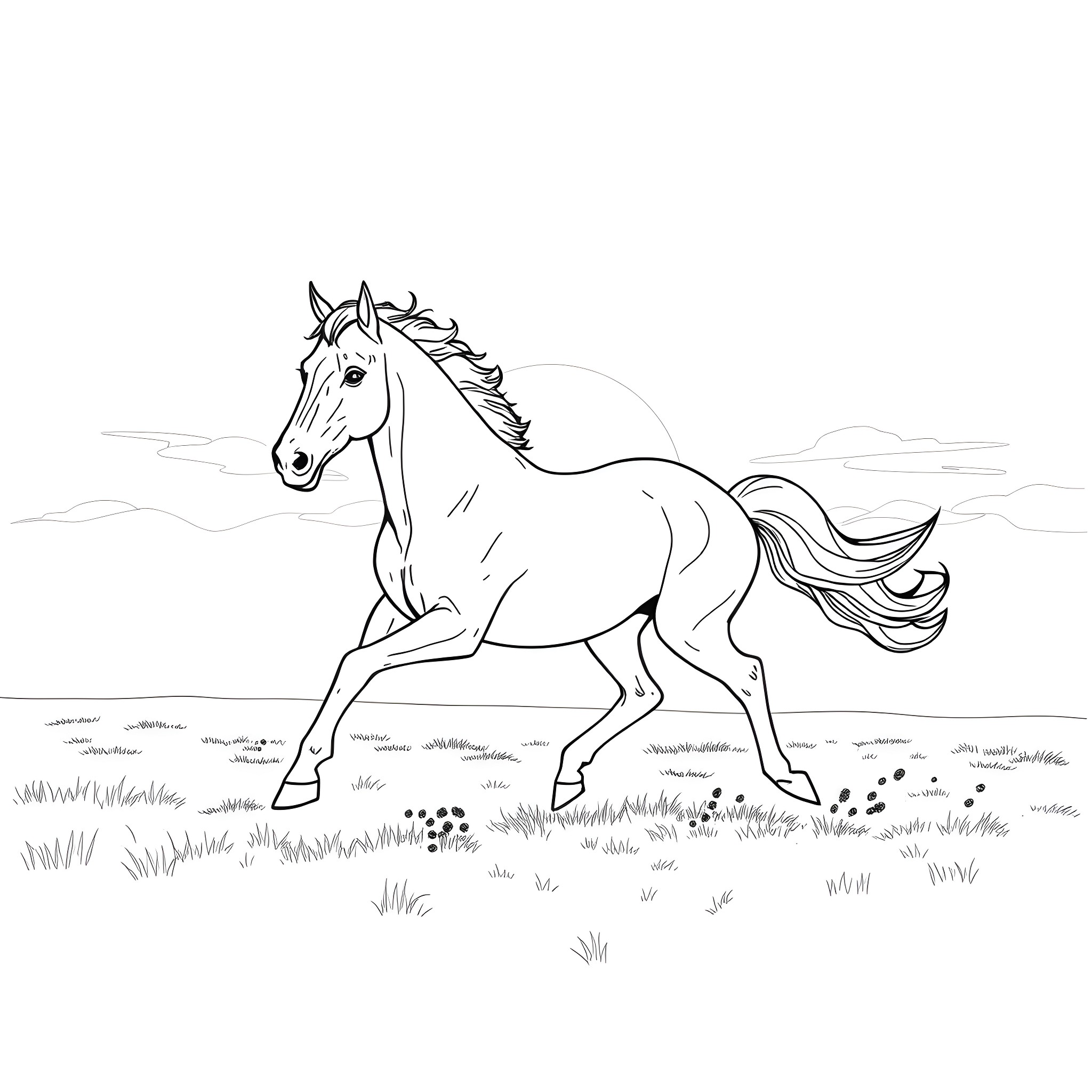 Horse running through the field Coloring Page (free black-and-white line drawing printable PDF for all, from beginners to advanced learners, including children, teens, adults, and seniors)